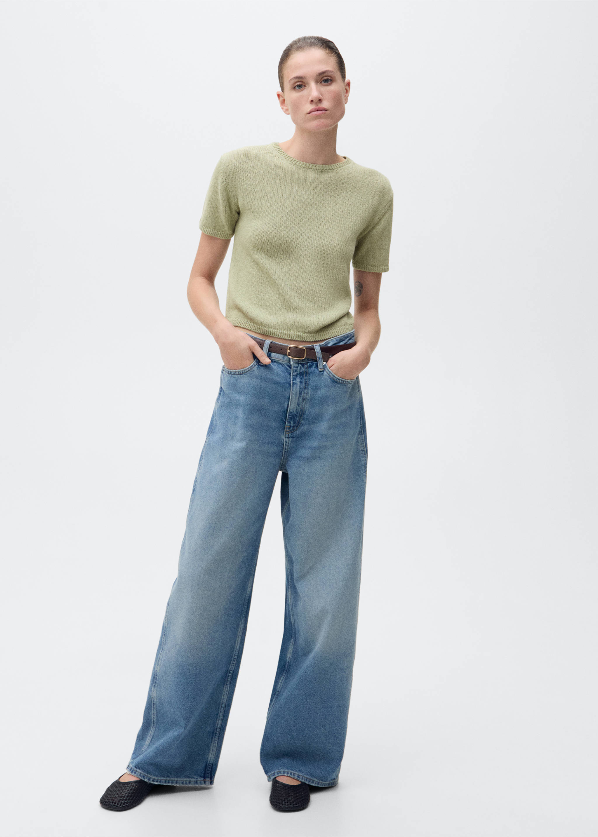 Short-sleeved knitted cotton sweater - General plane, Aqua Green. Ref: 87027166-00.