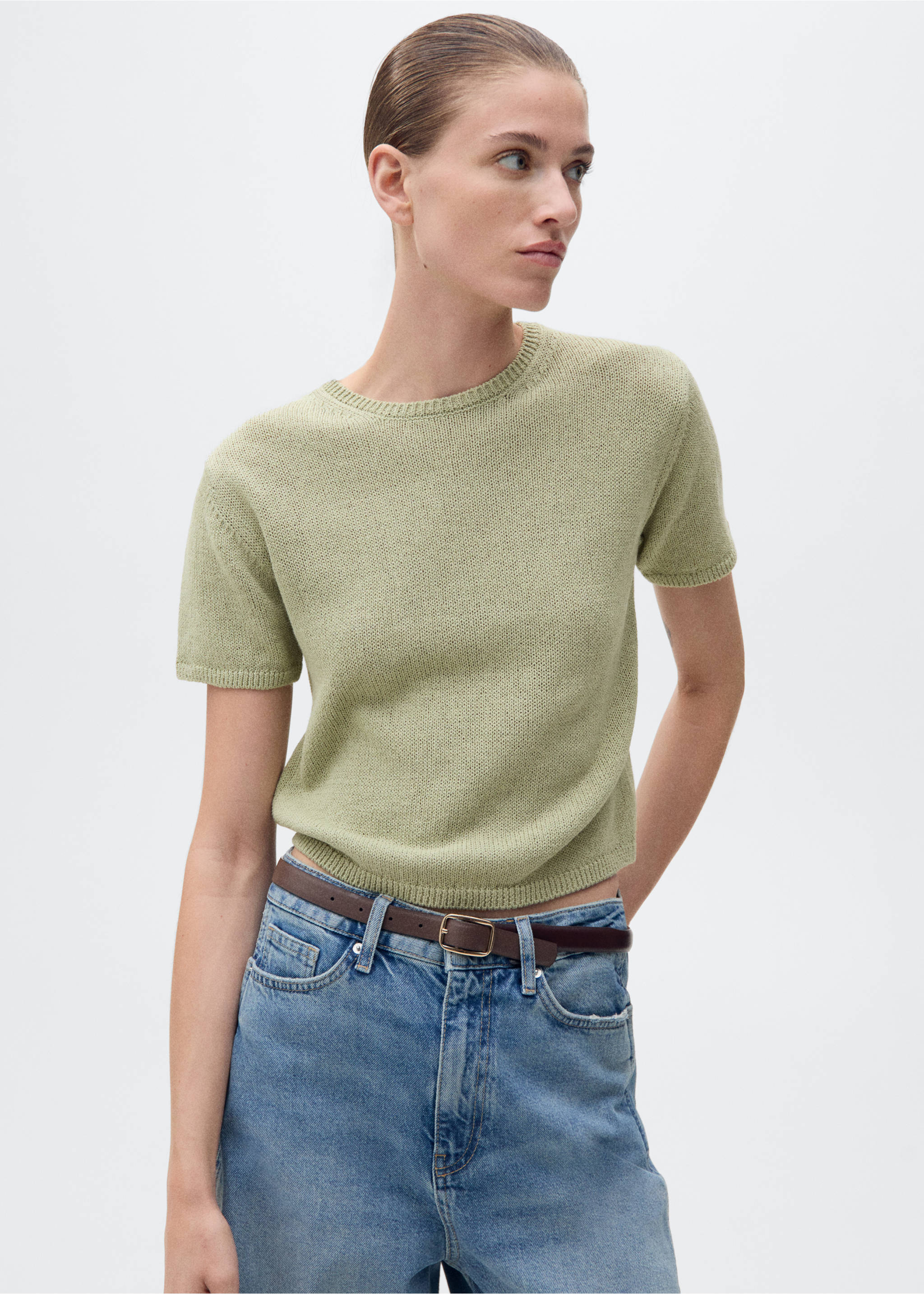Short-sleeved knitted cotton sweater - Medium plane, Aqua Green. Ref: 87027166-00.