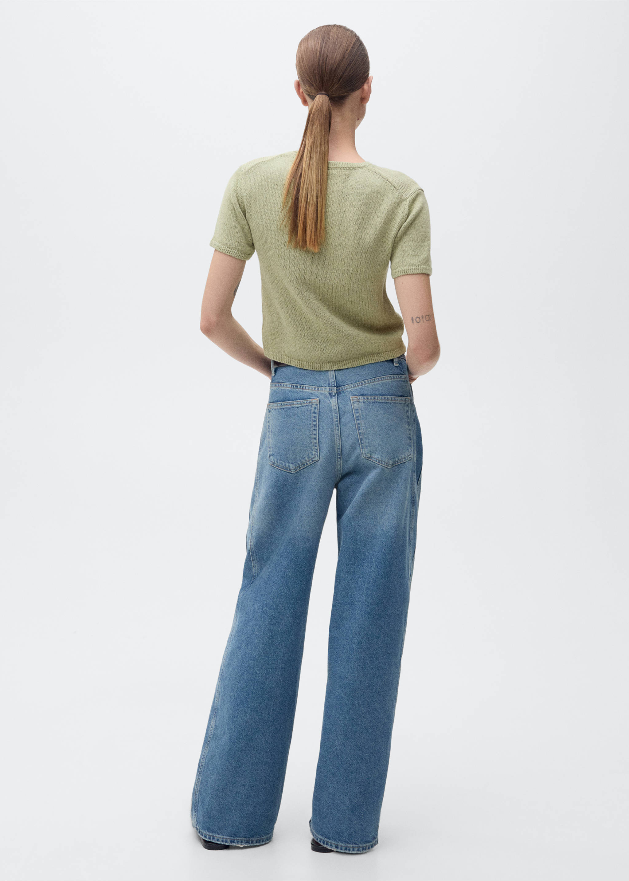 Short-sleeved knitted cotton sweater - Reverse of the article, Aqua Green. Ref: 87027166-00.