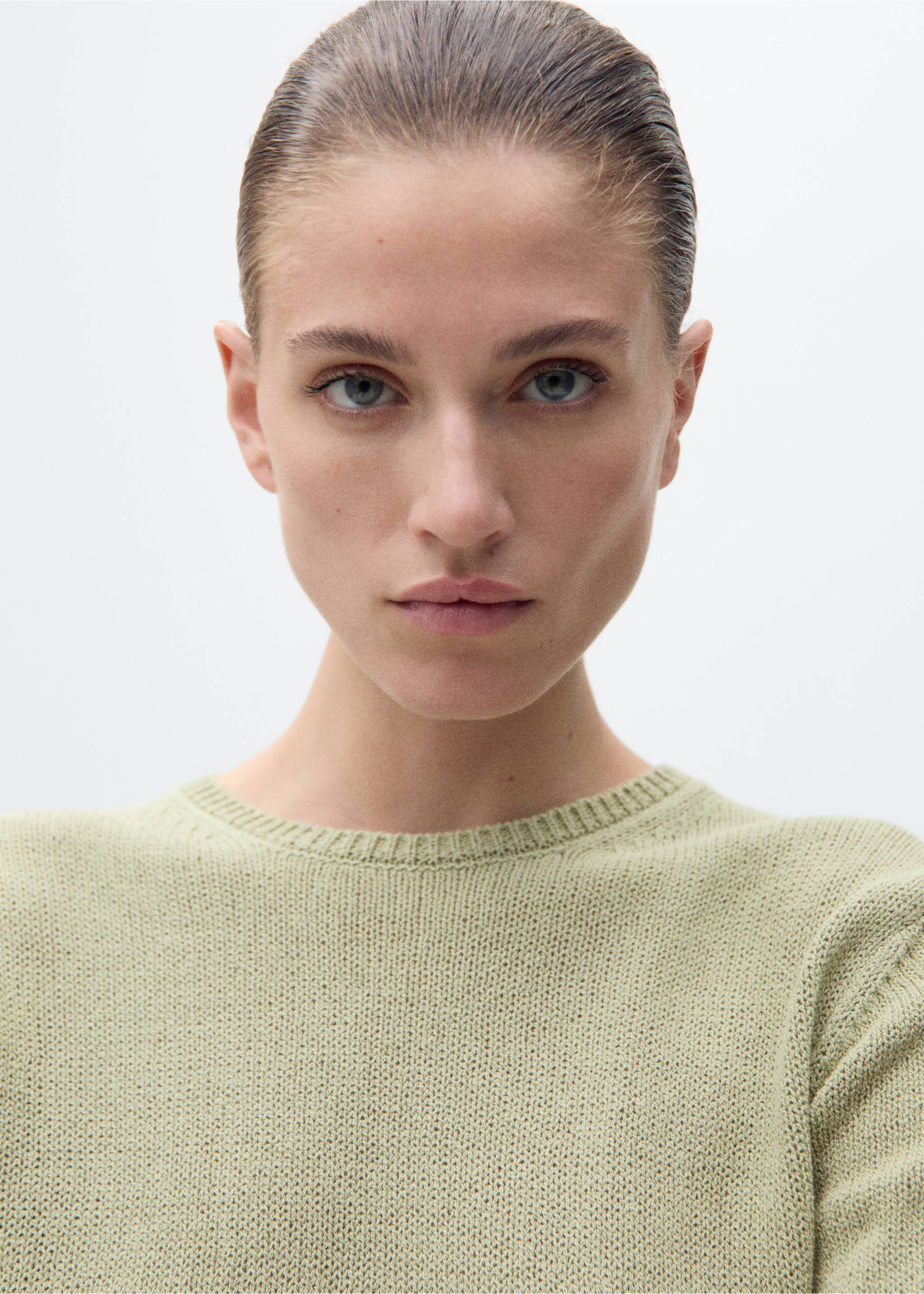 Short-sleeved knitted cotton sweater - Details of the article 1, Aqua Green. Ref: 87027166-00.