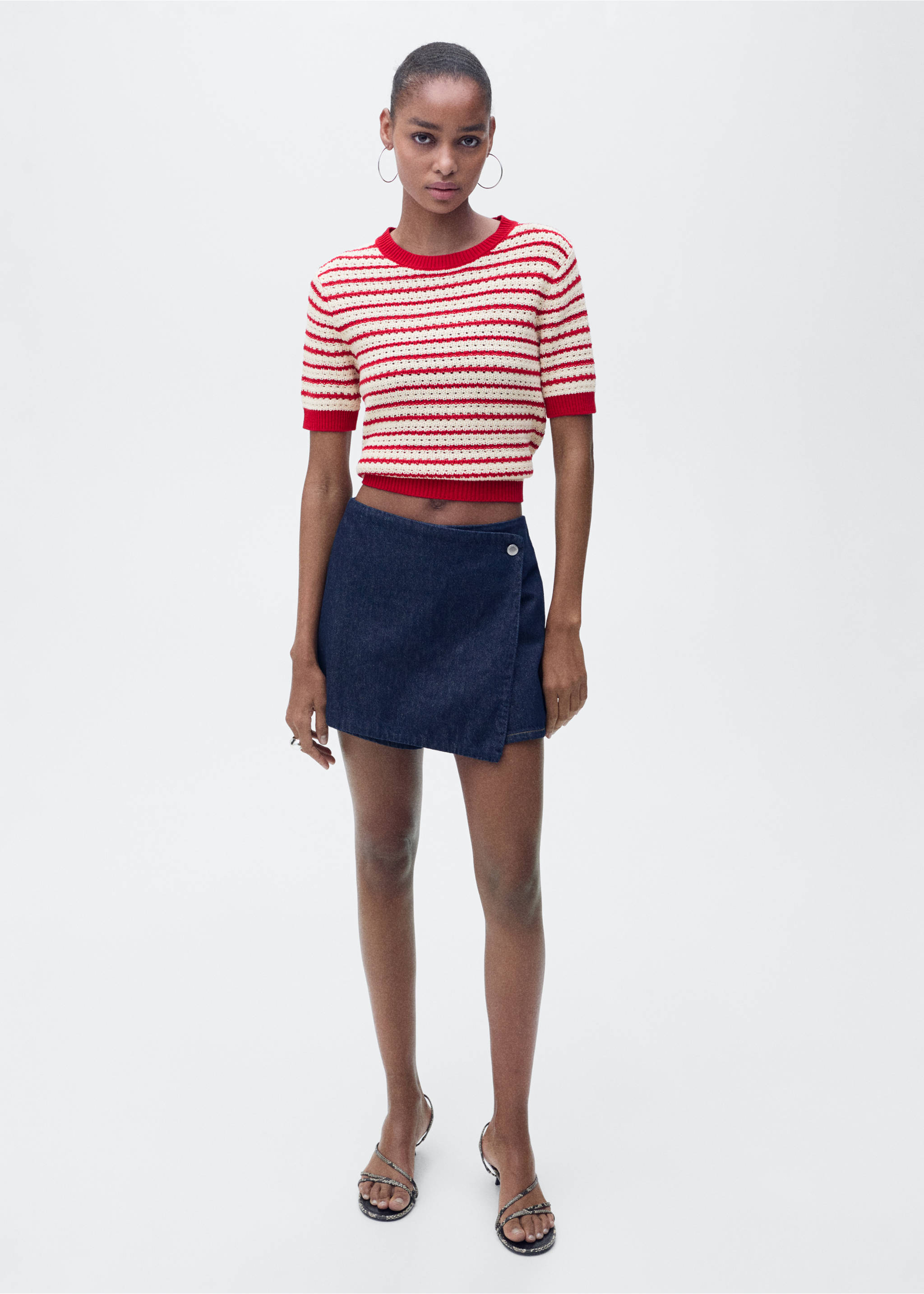 Striped short-sleeved crochet sweater - General plane, Red. Ref: 87027173-00.