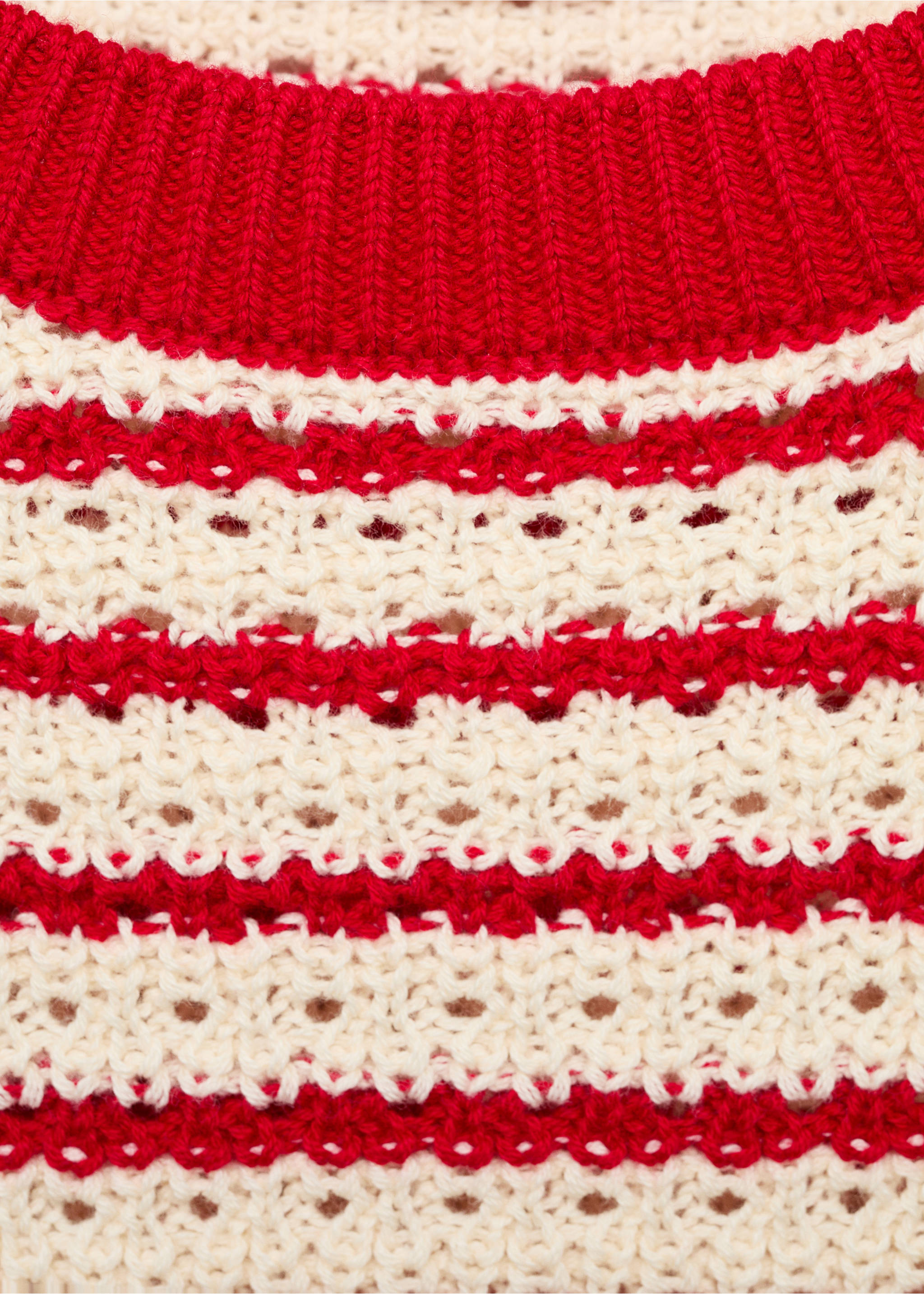 Striped short-sleeved crochet sweater - Details of the article 8, Red. Ref: 87027173-00.
