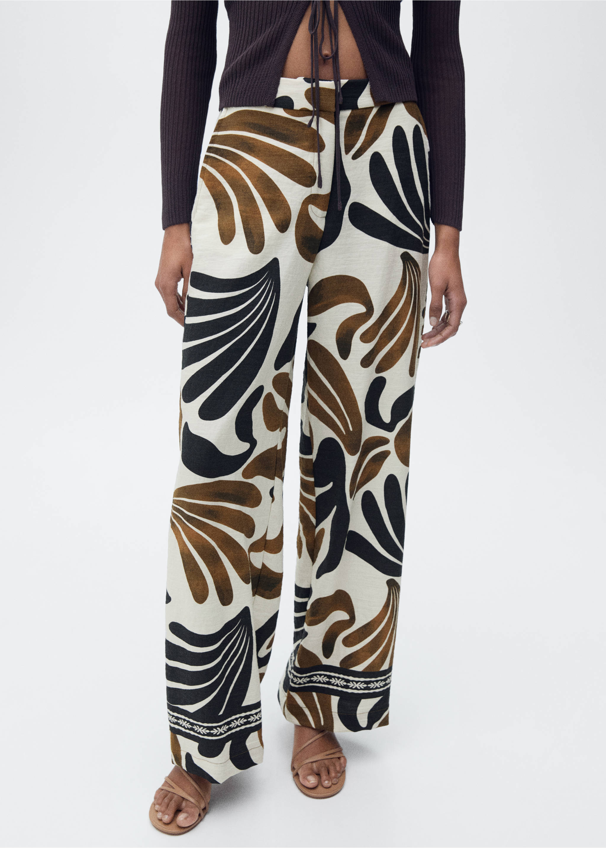 Abstract-print wide leg trousers - Medium plane, Ecru. Ref: 87027176-00.