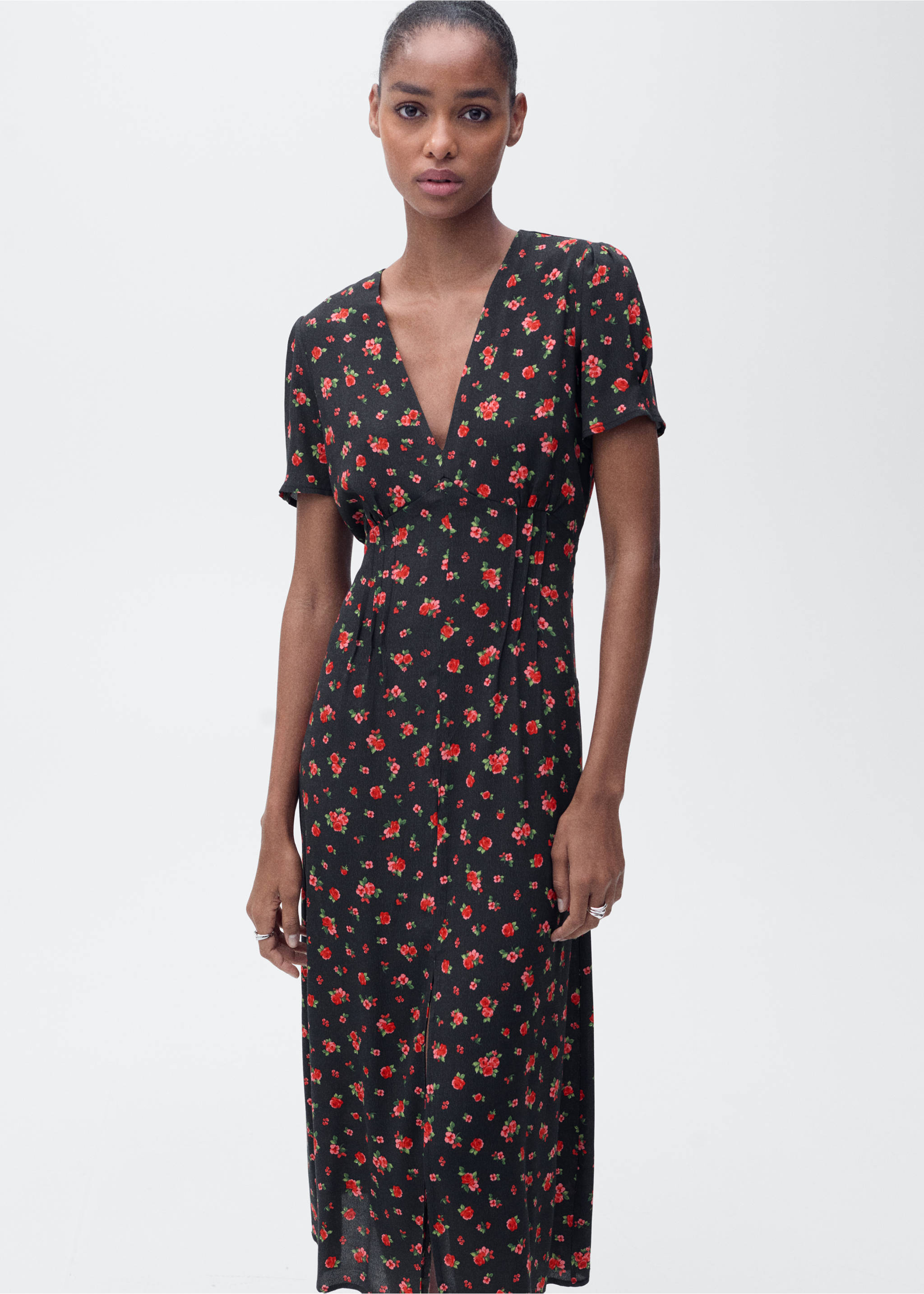 Midi floral dress - Medium plane, Black. Ref: 87027183-00.