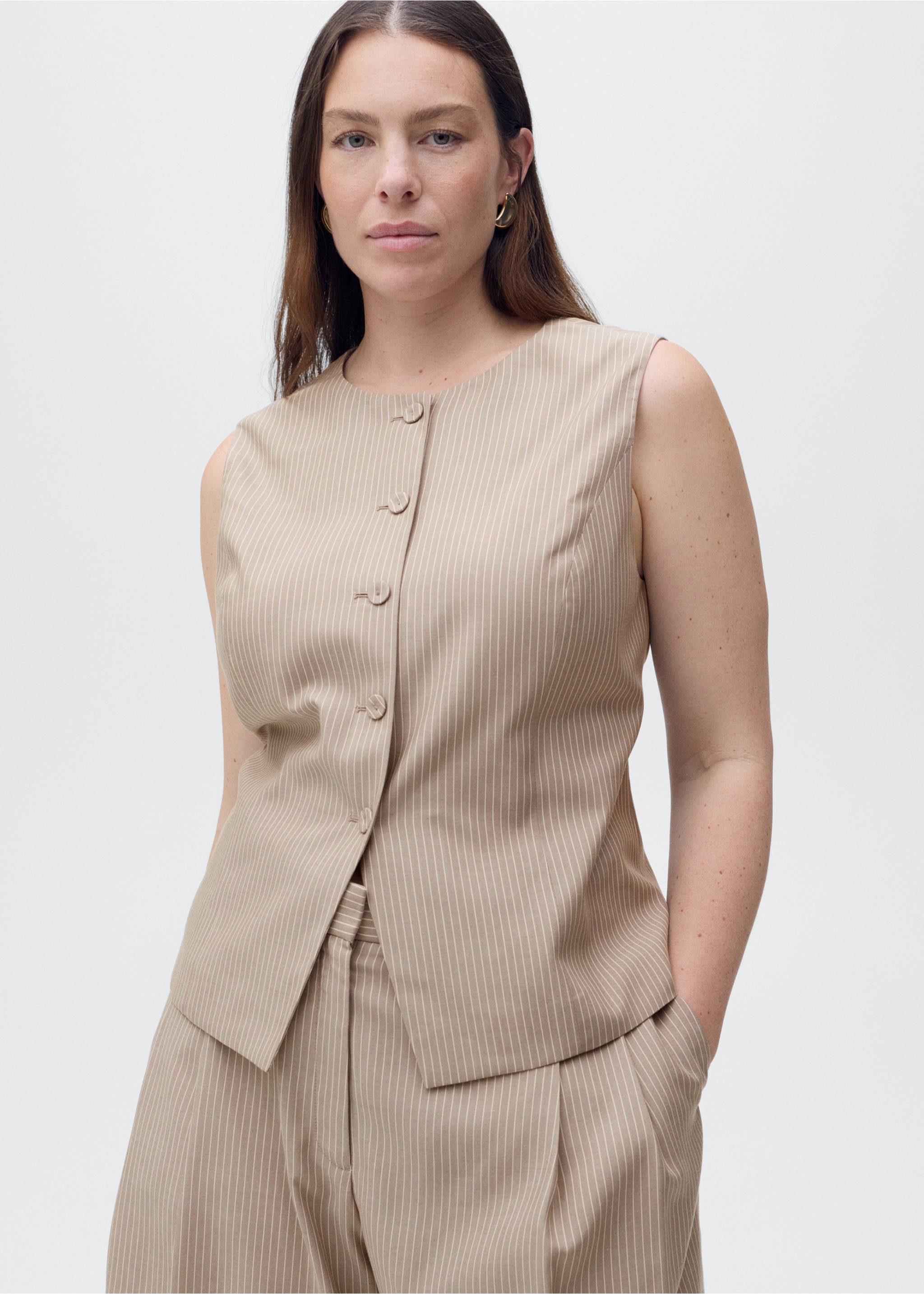 Striped lyocell suit vest - Details of the article 5, Medium Brown. Ref: 87027187-00.