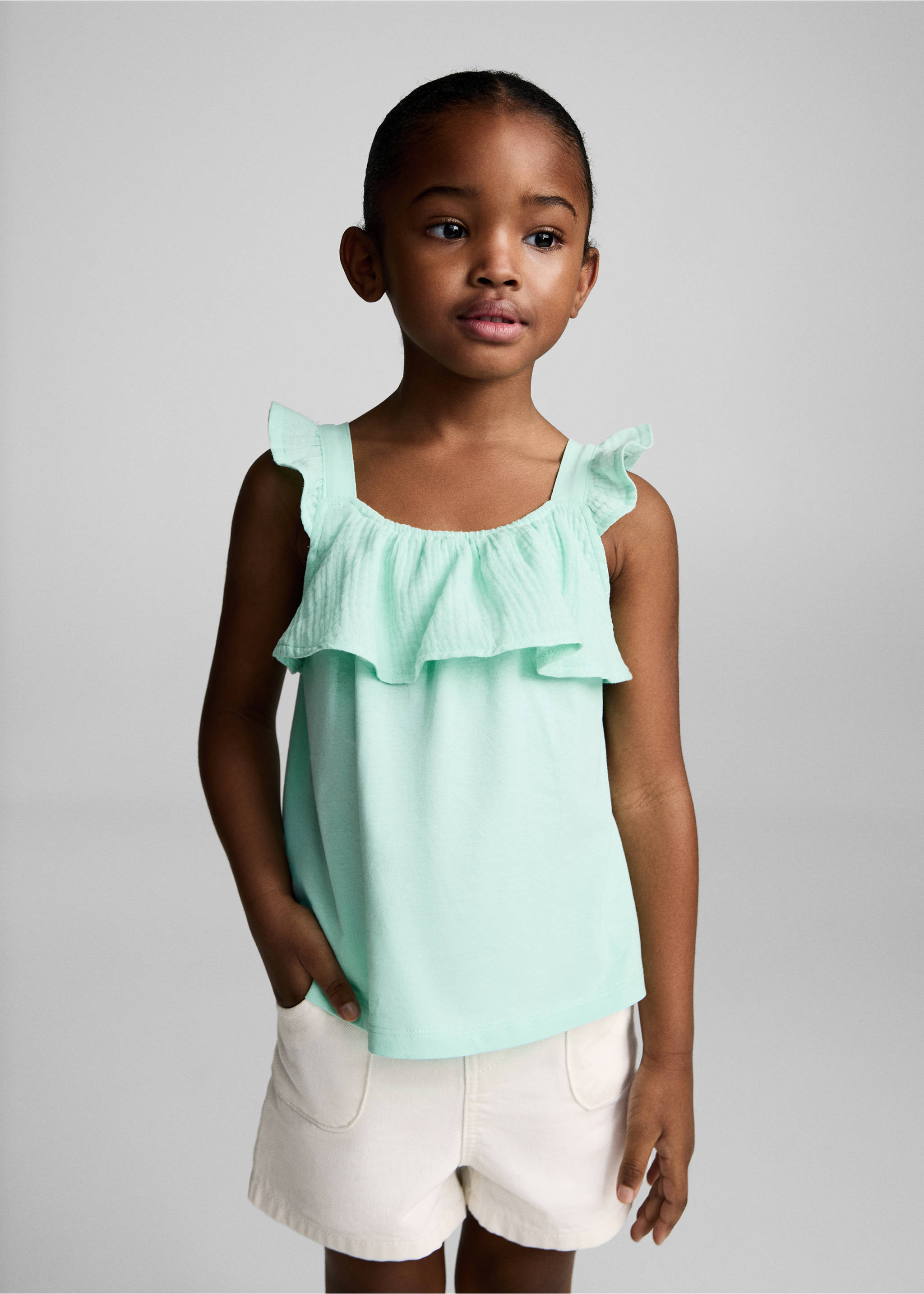 Ruffle textured T-shirt - Medium plane, Mint Green. Ref: 87027700-00.