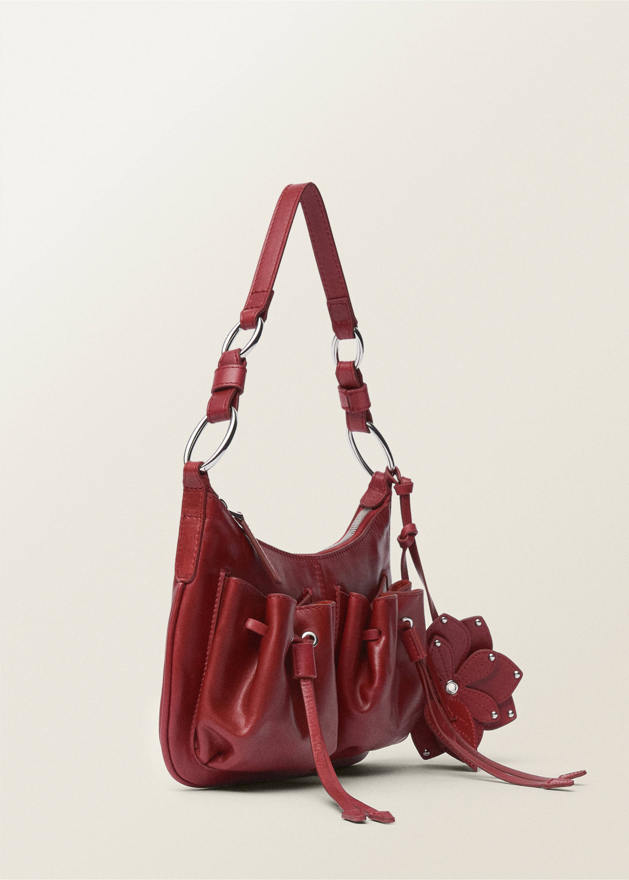 Leather shoulder bag with gathered pockets - Medium plane, Red. Ref: 87027715-00.