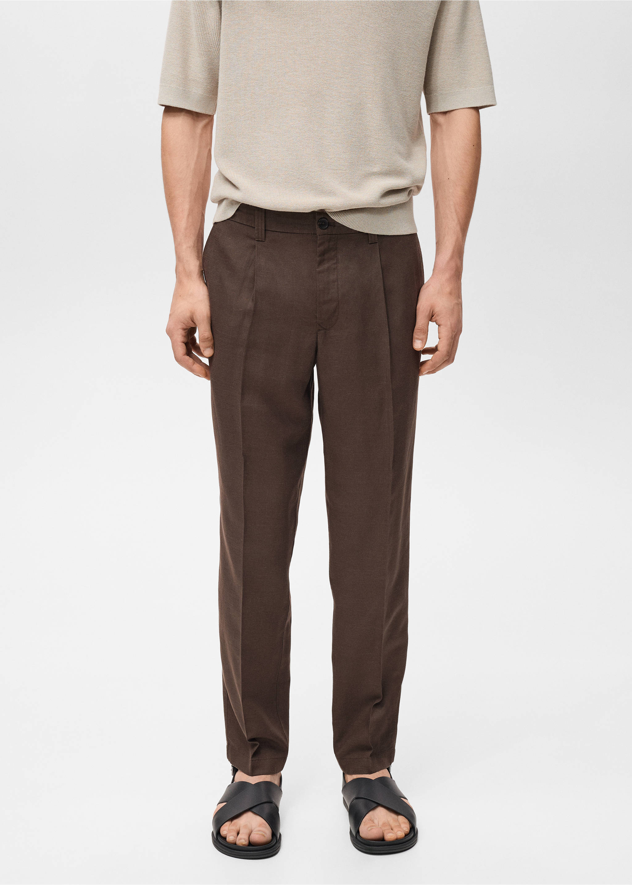 Slim fit linen trousers - Medium plane, Chocolate. Ref: 87027888-00.