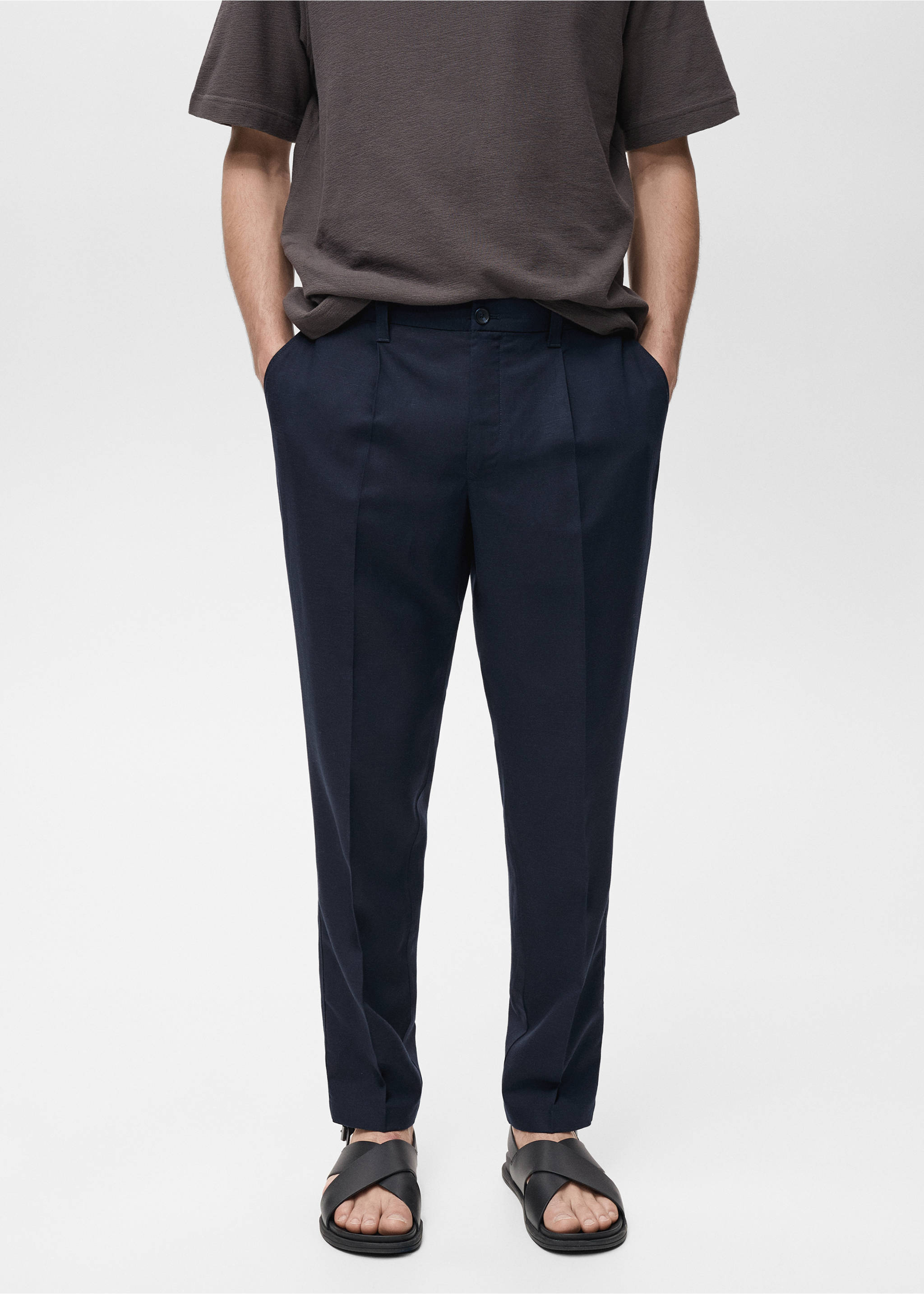 Slim fit linen trousers - Medium plane, Dark Navy. Ref: 87027888-00.