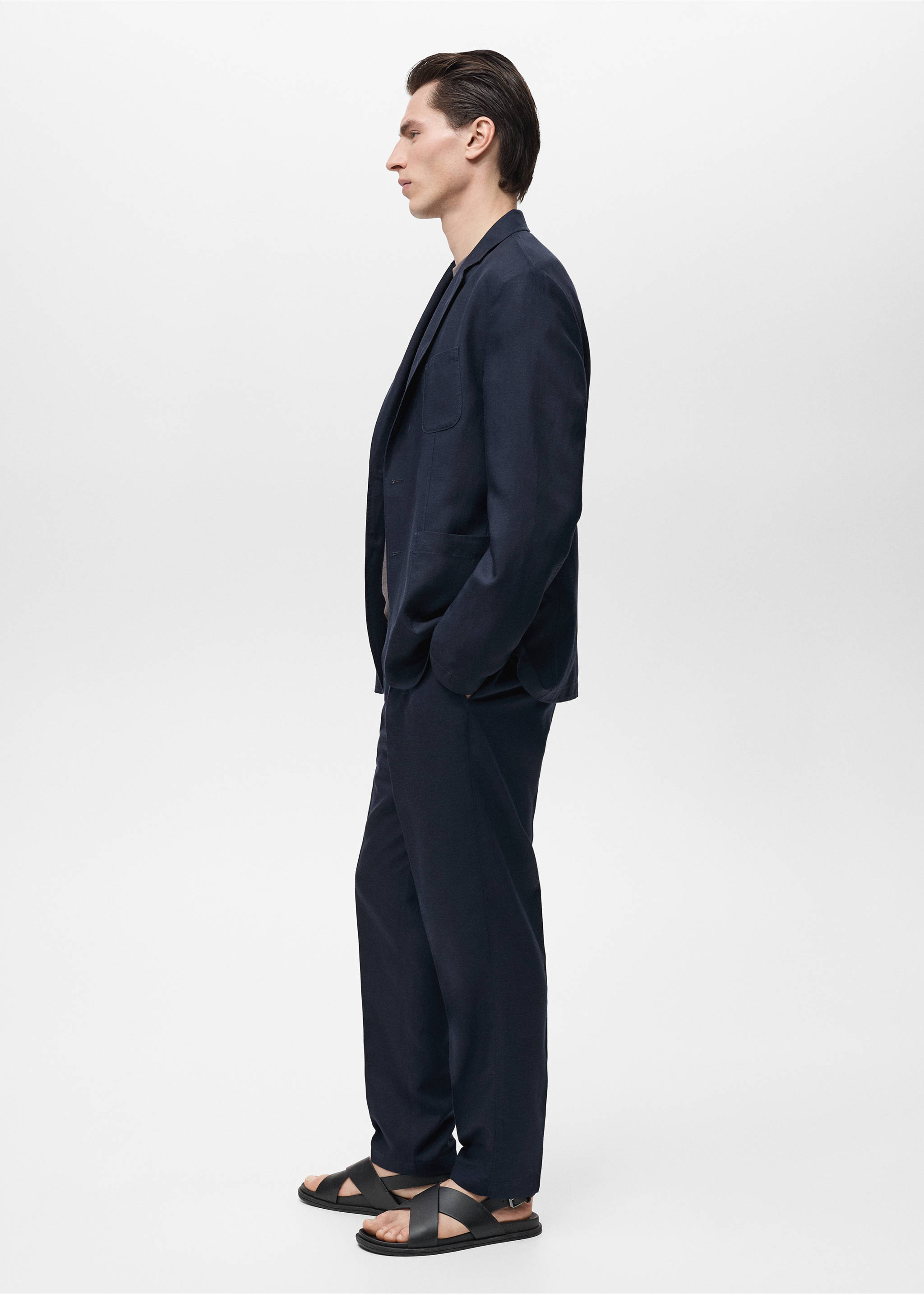 Slim fit linen trousers - Details of the article 2, Dark Navy. Ref: 87027888-00.