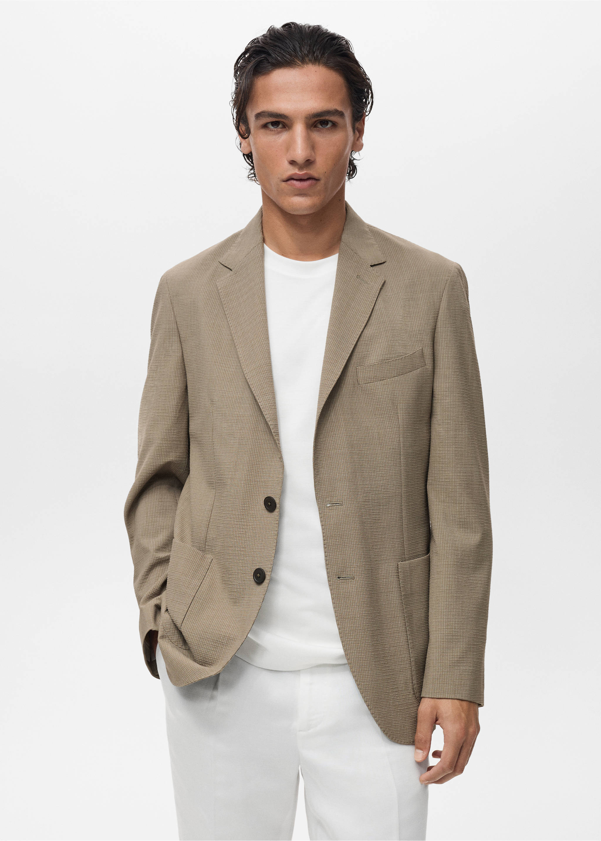 Garniturowa marynarka slim fit z chłodnej wełny - Plan średni, Norkowy szary. Ref: 87027892-00.