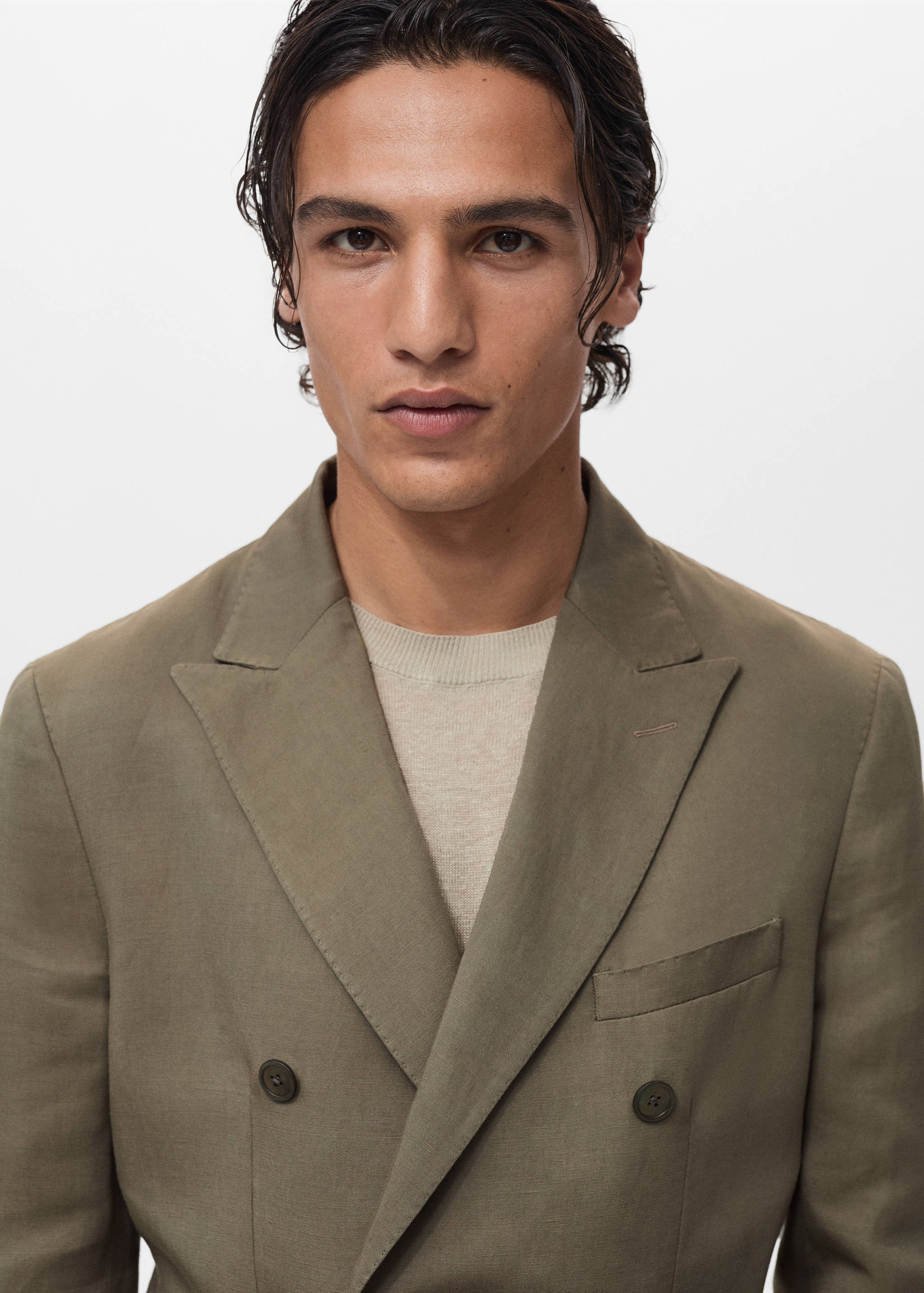 Slim-fit linen-blend double-breasted jacket - Details of the article 1