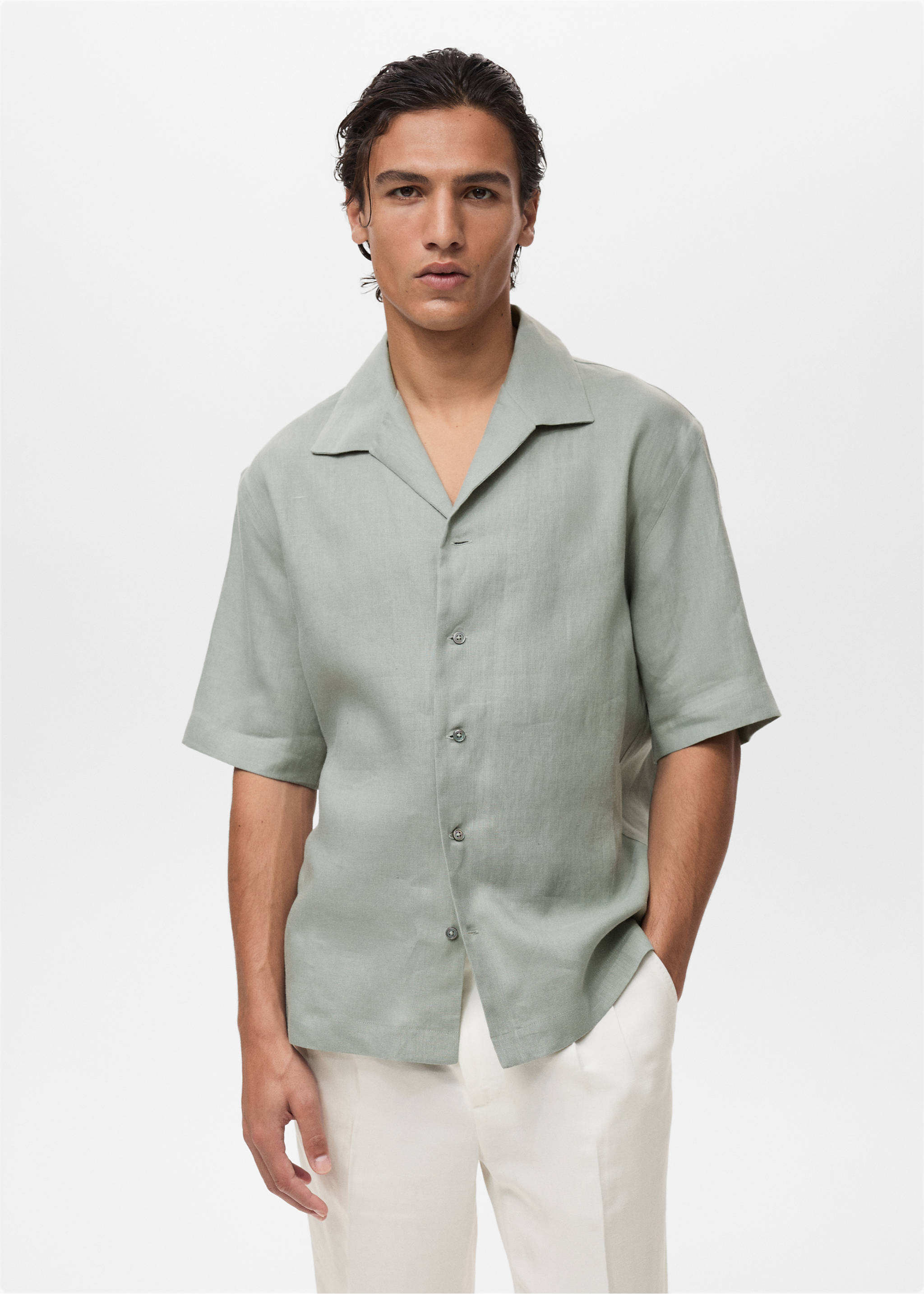 Camisa 100% lino manga corta - Plano medio, Verde agua. Ref: 87027907-00.