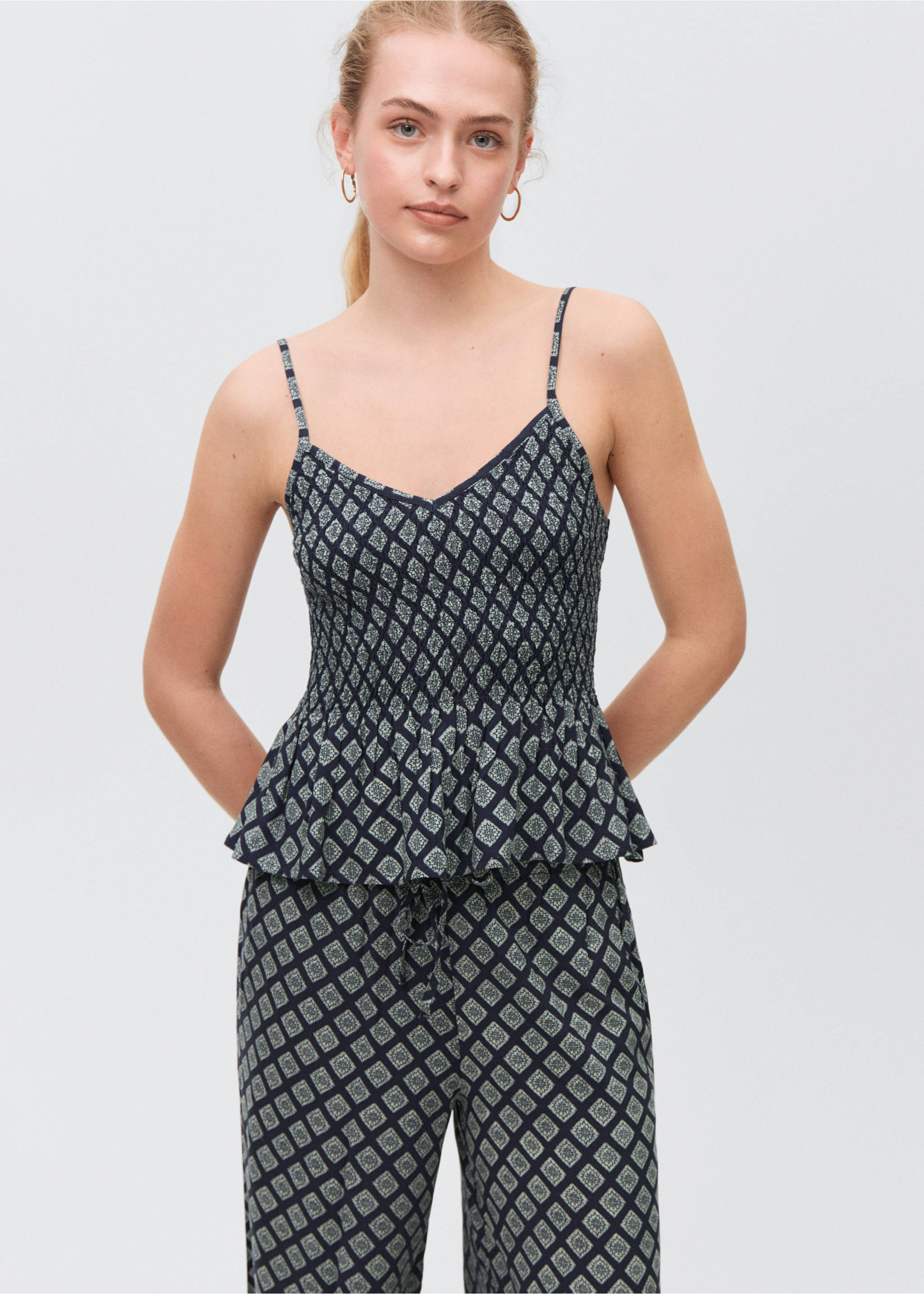 Printed straight trousers - Details of the article 1, Navy. Ref: 87028266-00.