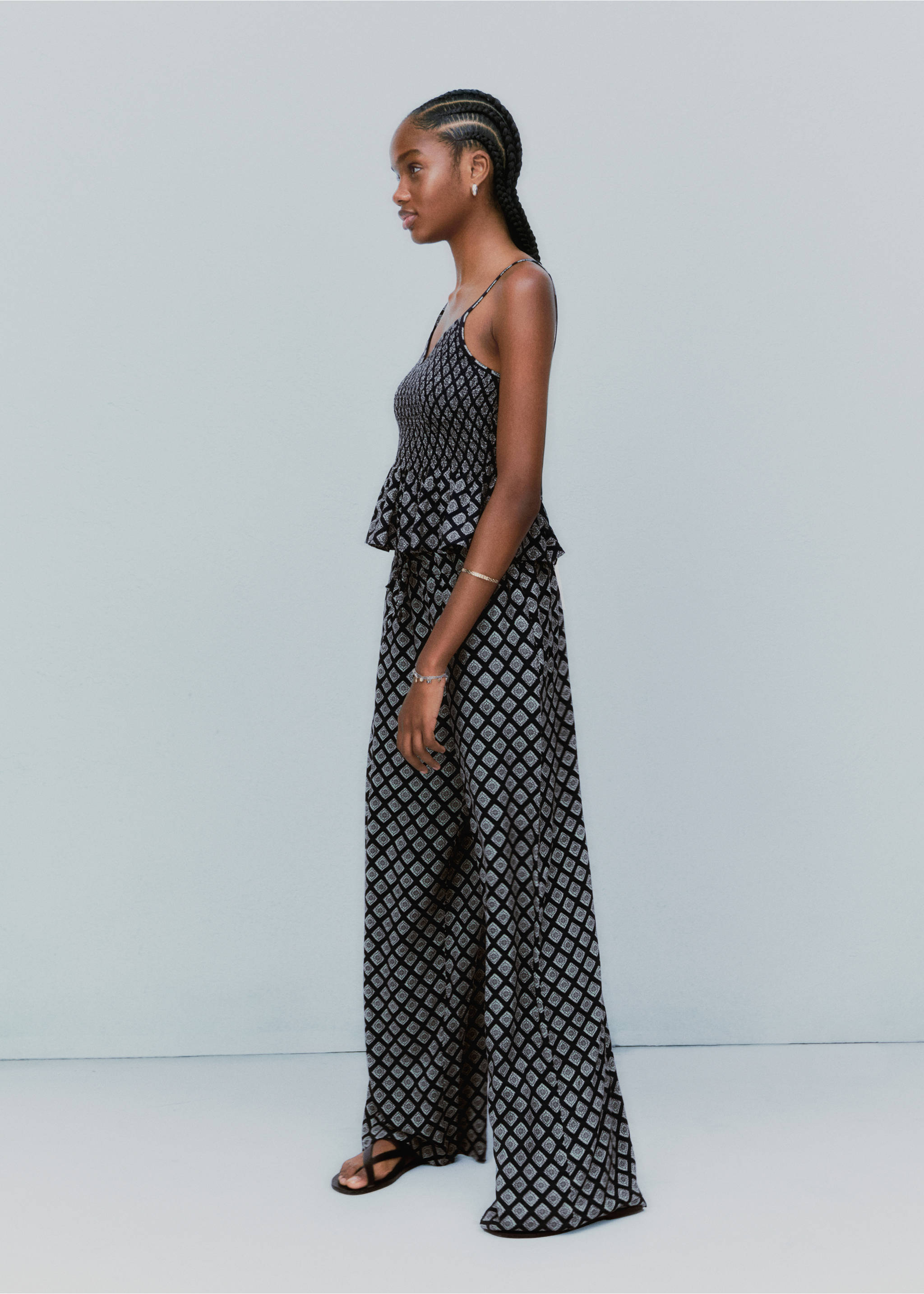 Printed straight trousers - Details of the article 5, Navy. Ref: 87028266-00.