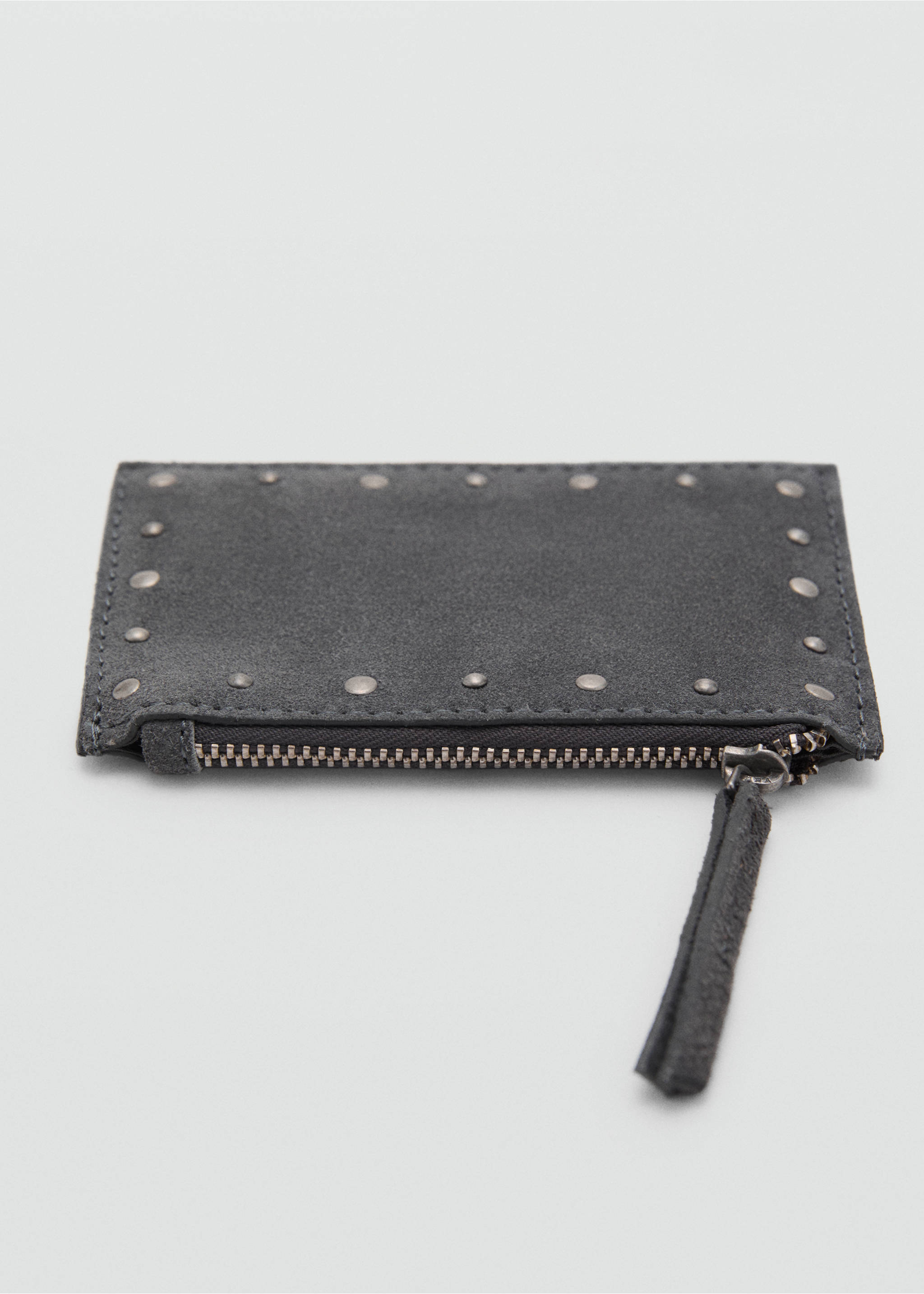 Dark grey purse with metallic studs and a top zip closure., Charcoal. Ref: 87028275-00.