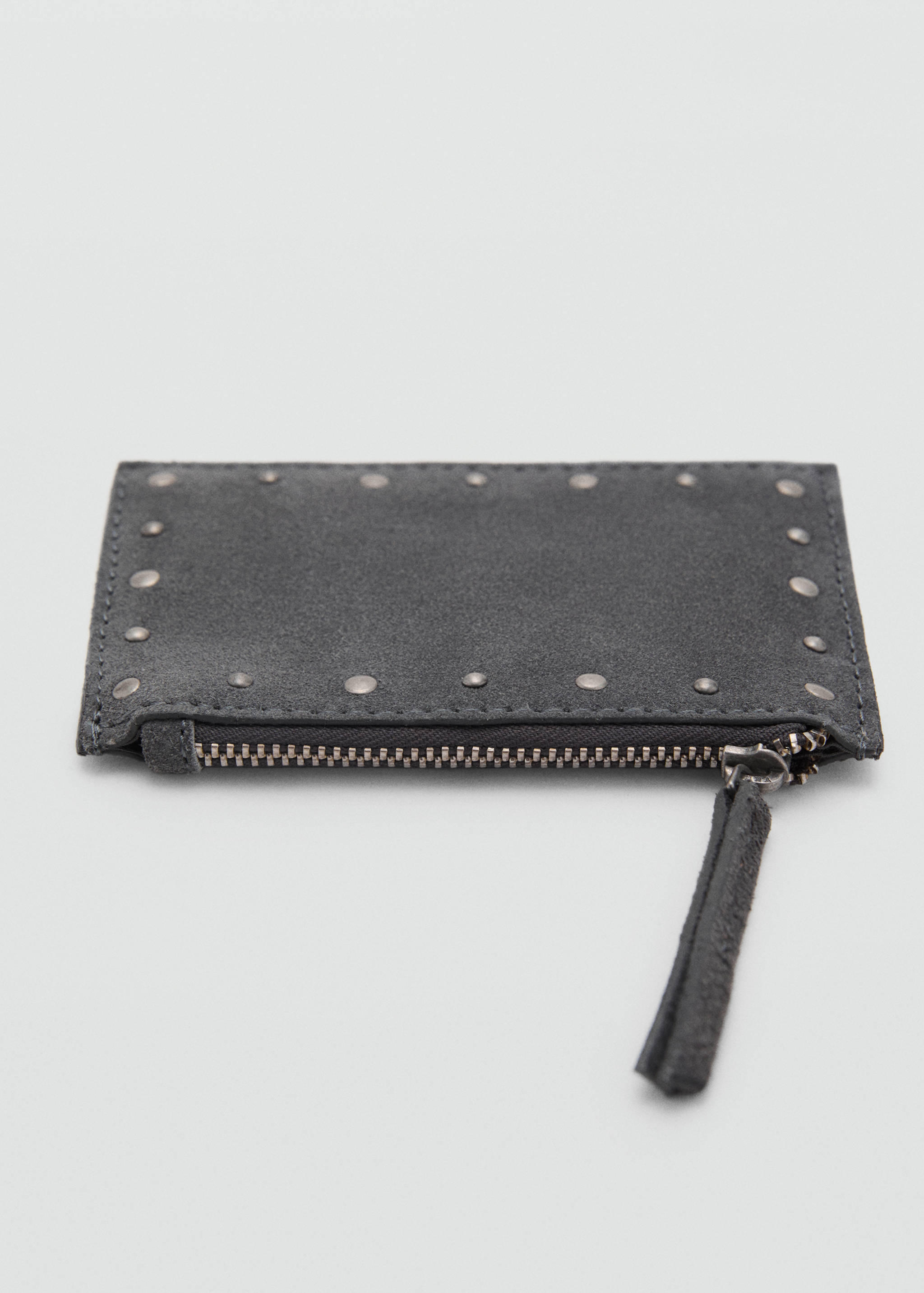 Dark grey purse with metallic studs and a top zip closure.