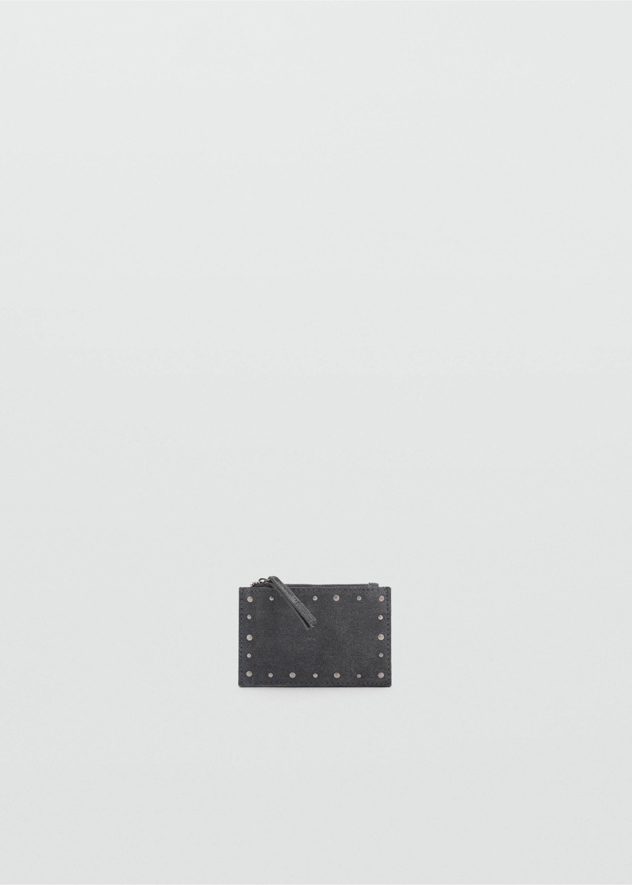 Grey studded coin purse with a top zipper closure., Charcoal. Ref: 87028275-00.