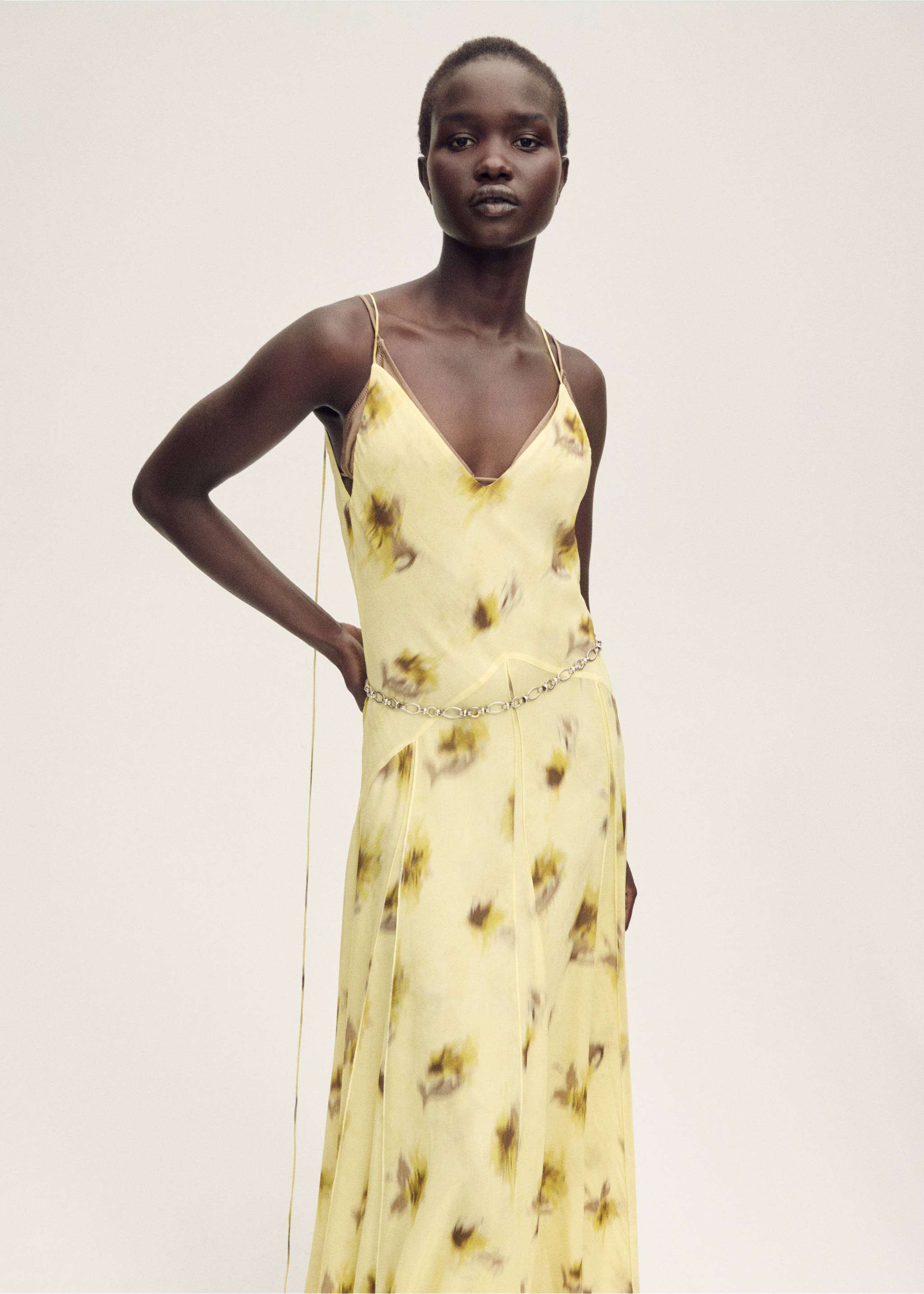 Long floral-print dress - Medium plane, Pastel Yellow. Ref: 87028277-00.