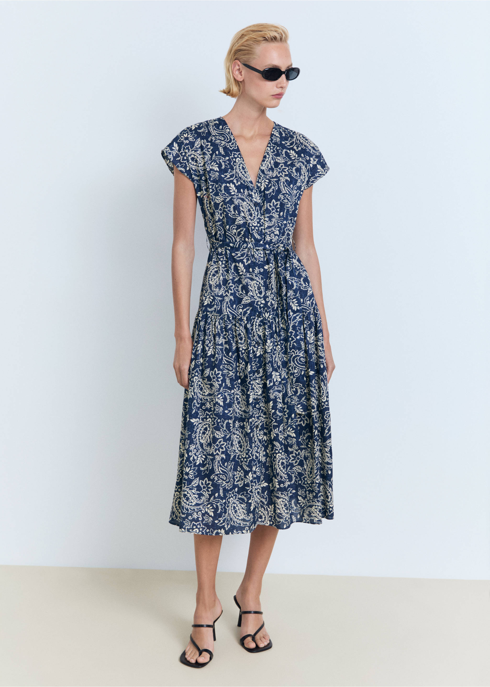 Paisley flared dress with belt - General plane, Blue. Ref: 87028649-00.