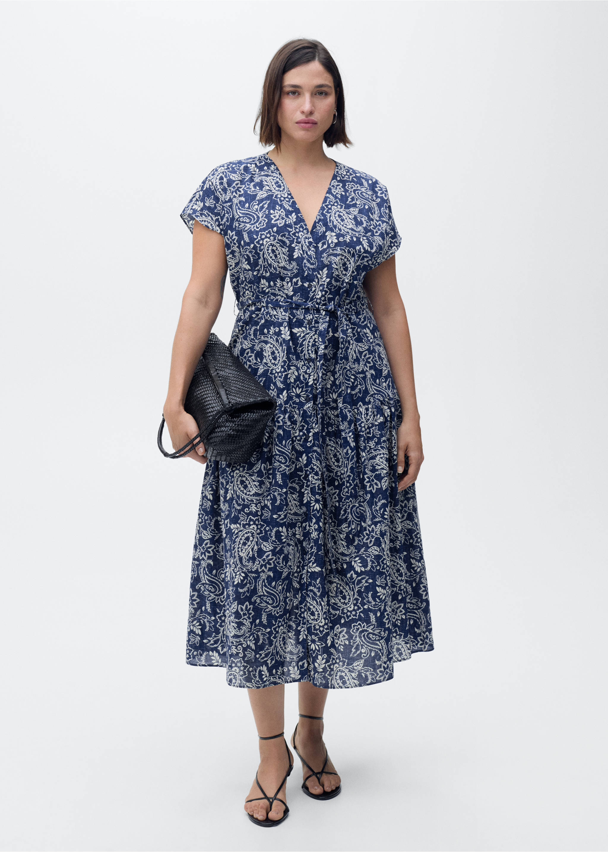 Paisley flared dress with belt - Details of the article 3, Blue. Ref: 87028649-00.