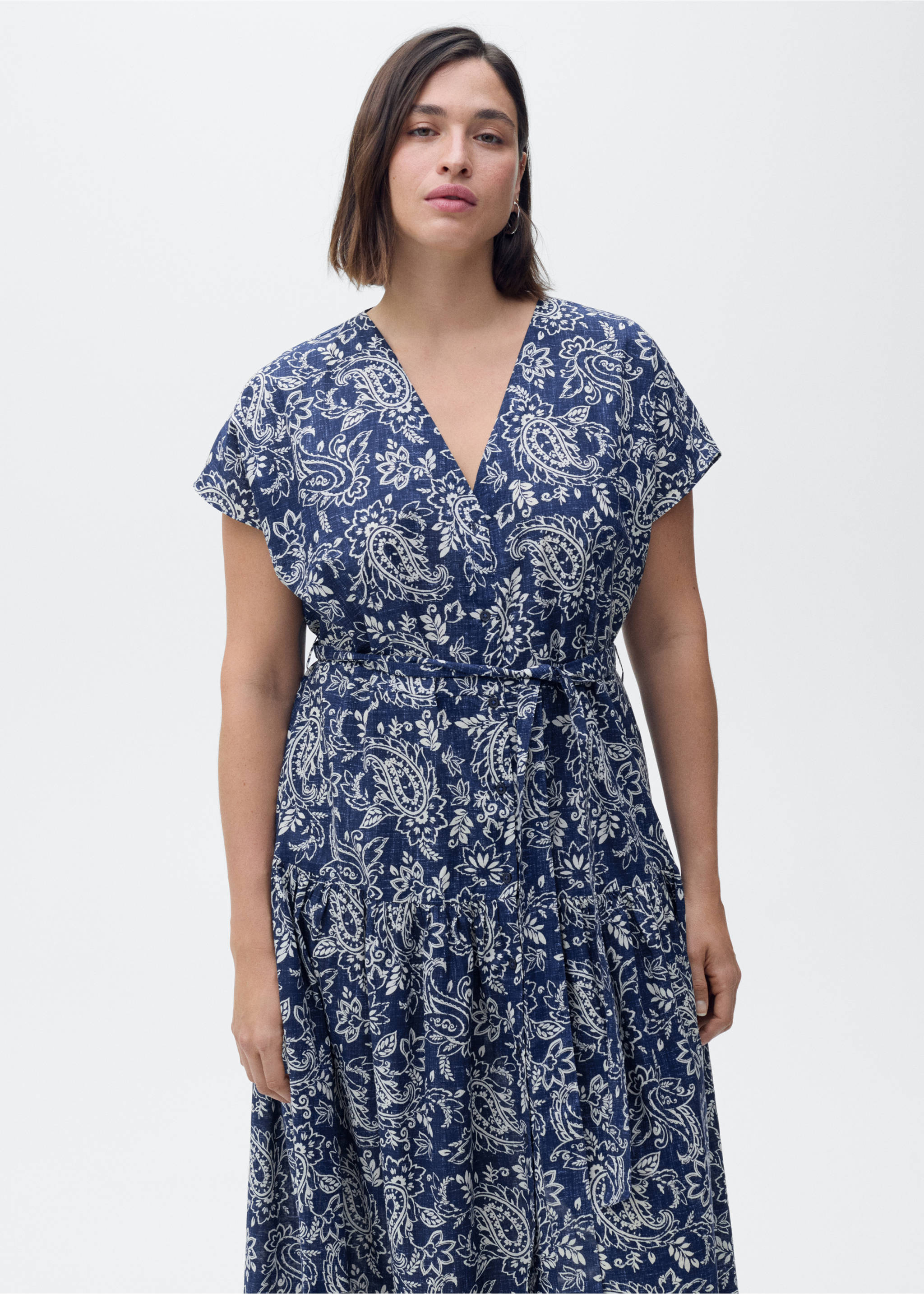 Paisley flared dress with belt - Details of the article 5, Blue. Ref: 87028649-00.