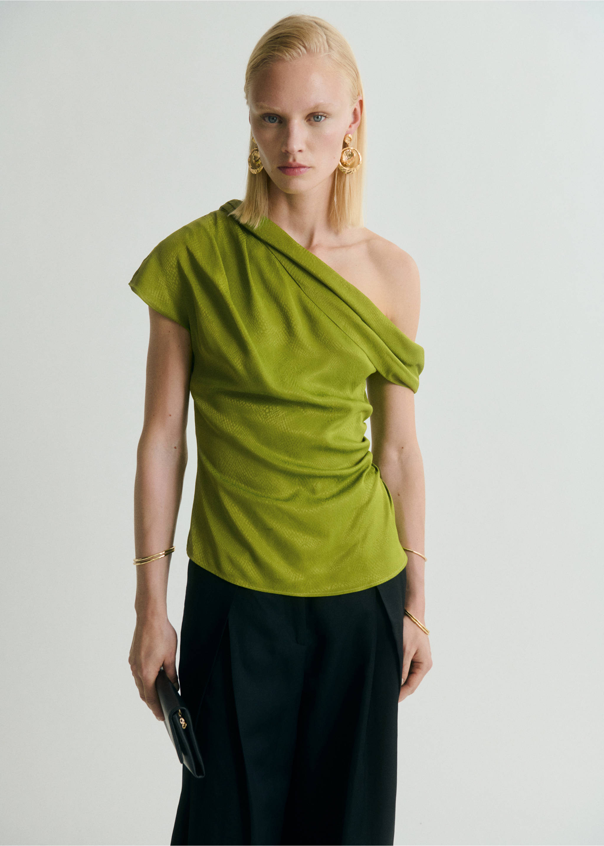 Satin blouse with asymmetrical neck - Medium plane, Green. Ref: 87028655-00.