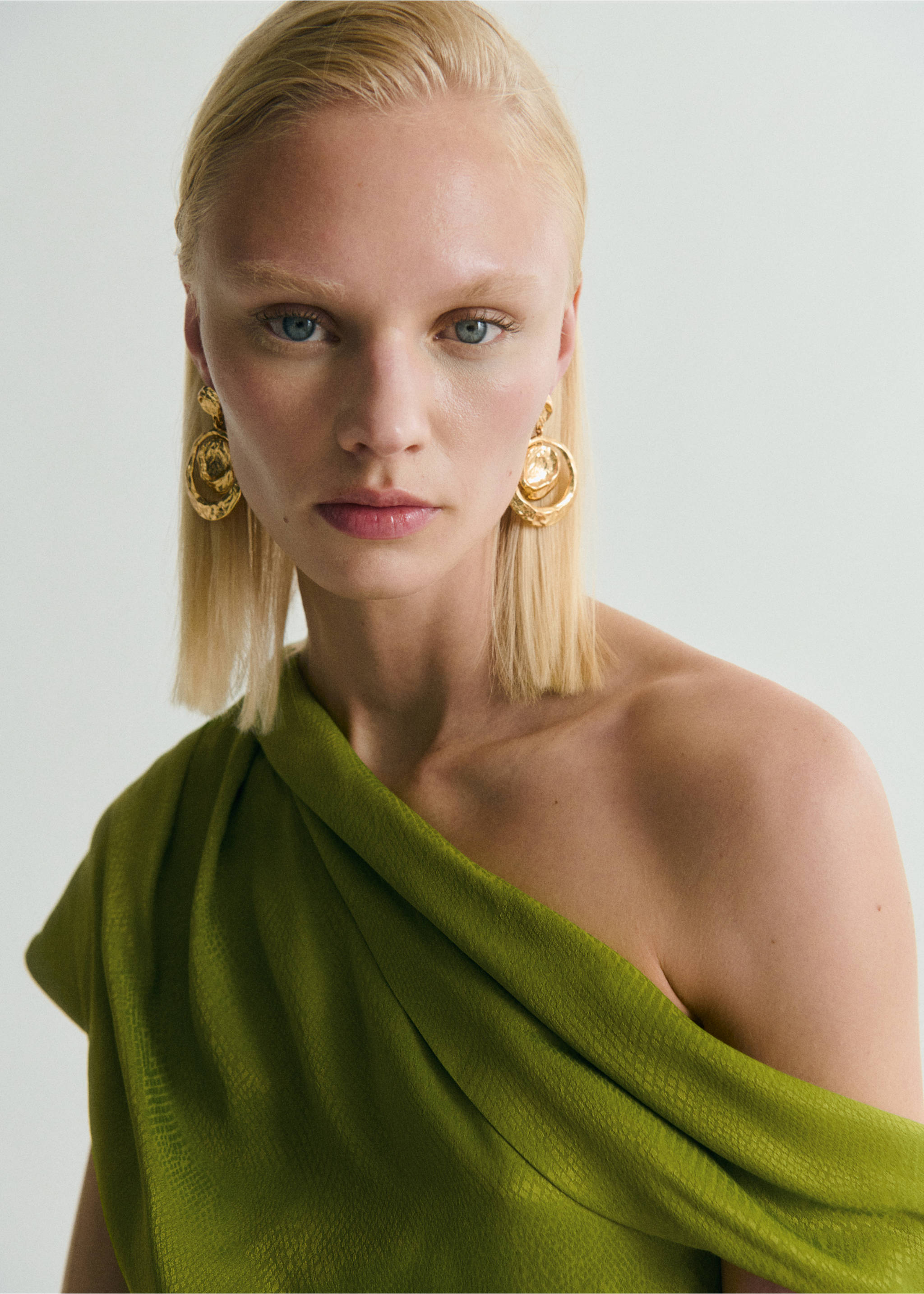 Satin blouse with asymmetrical neck - Details of the article 1, Green. Ref: 87028655-00.