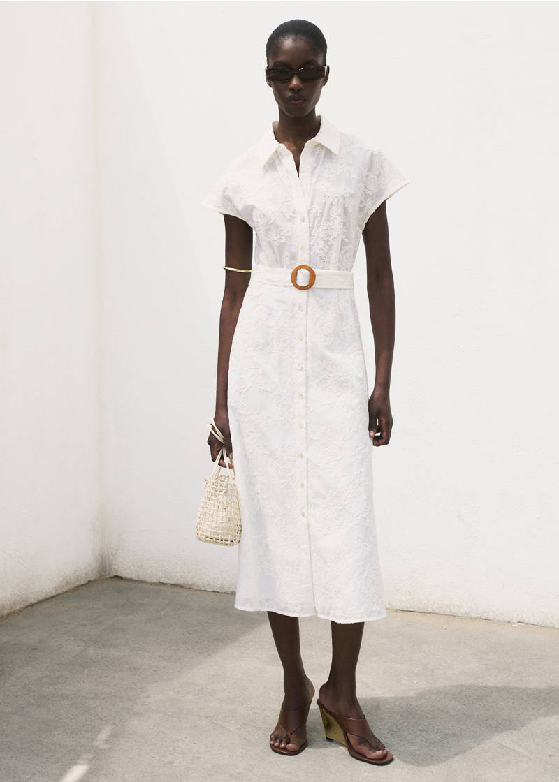 Embroidered shirt dress with belt - White
