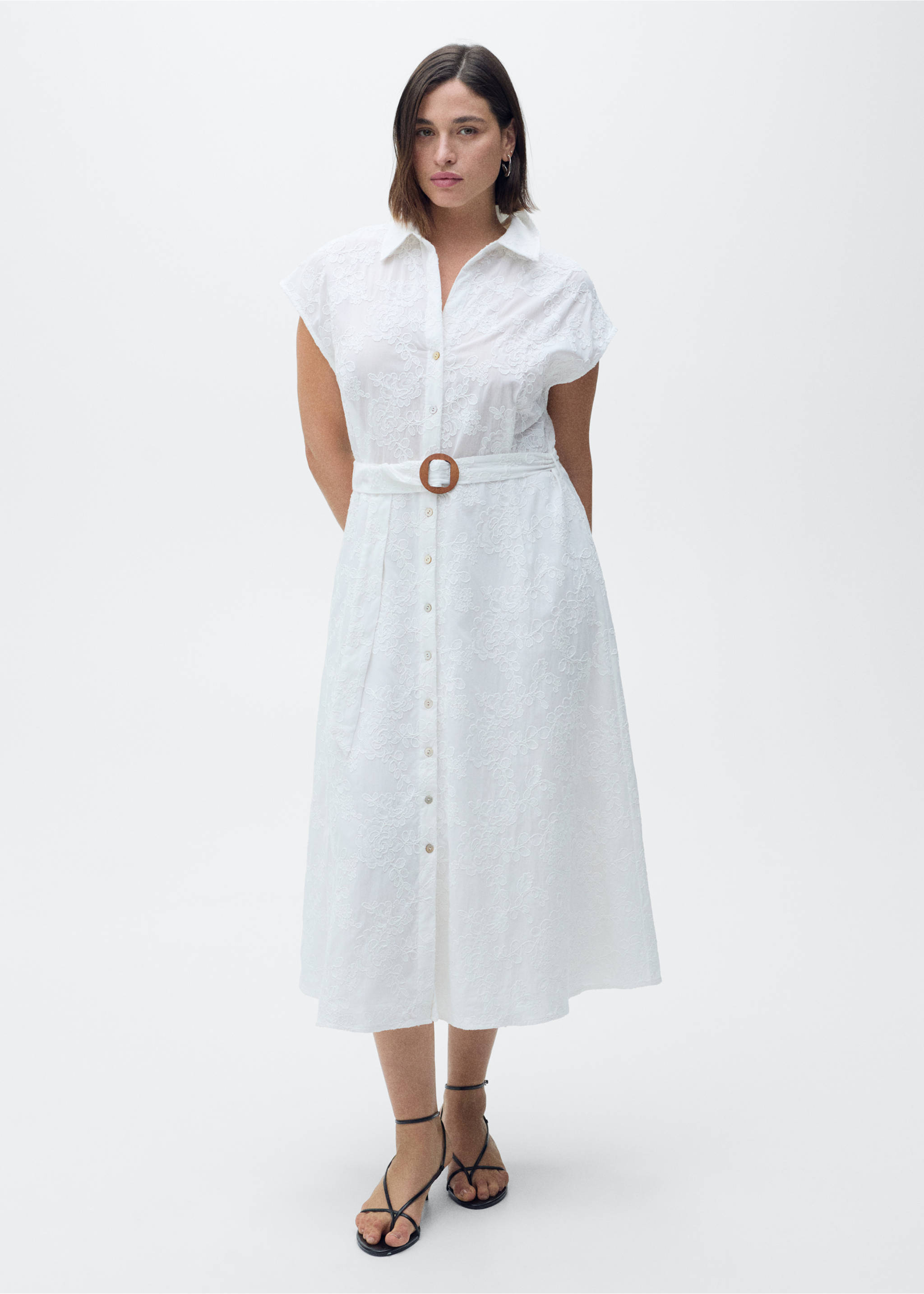 Embroidered shirt dress with belt - Details of the article 3, White. Ref: 87029065-00.