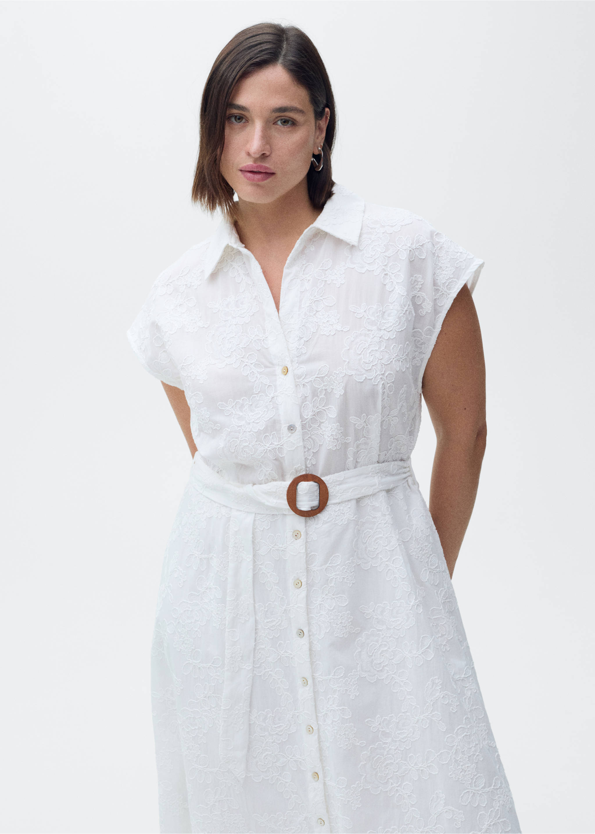 Embroidered shirt dress with belt - Details of the article 5, White. Ref: 87029065-00.