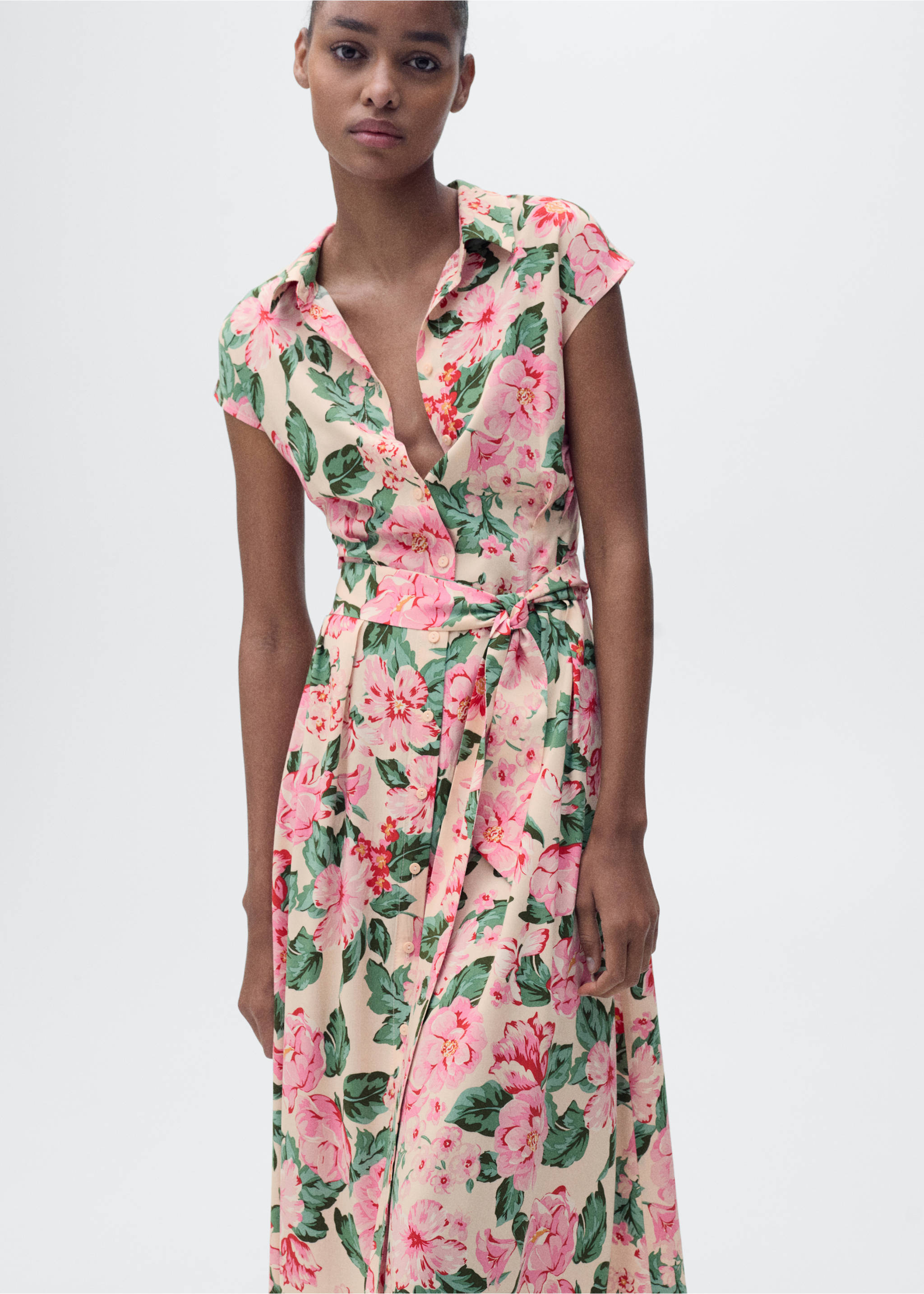 Printed shirt dress with belt - Medium plane, Ecru. Ref: 87029066-00.