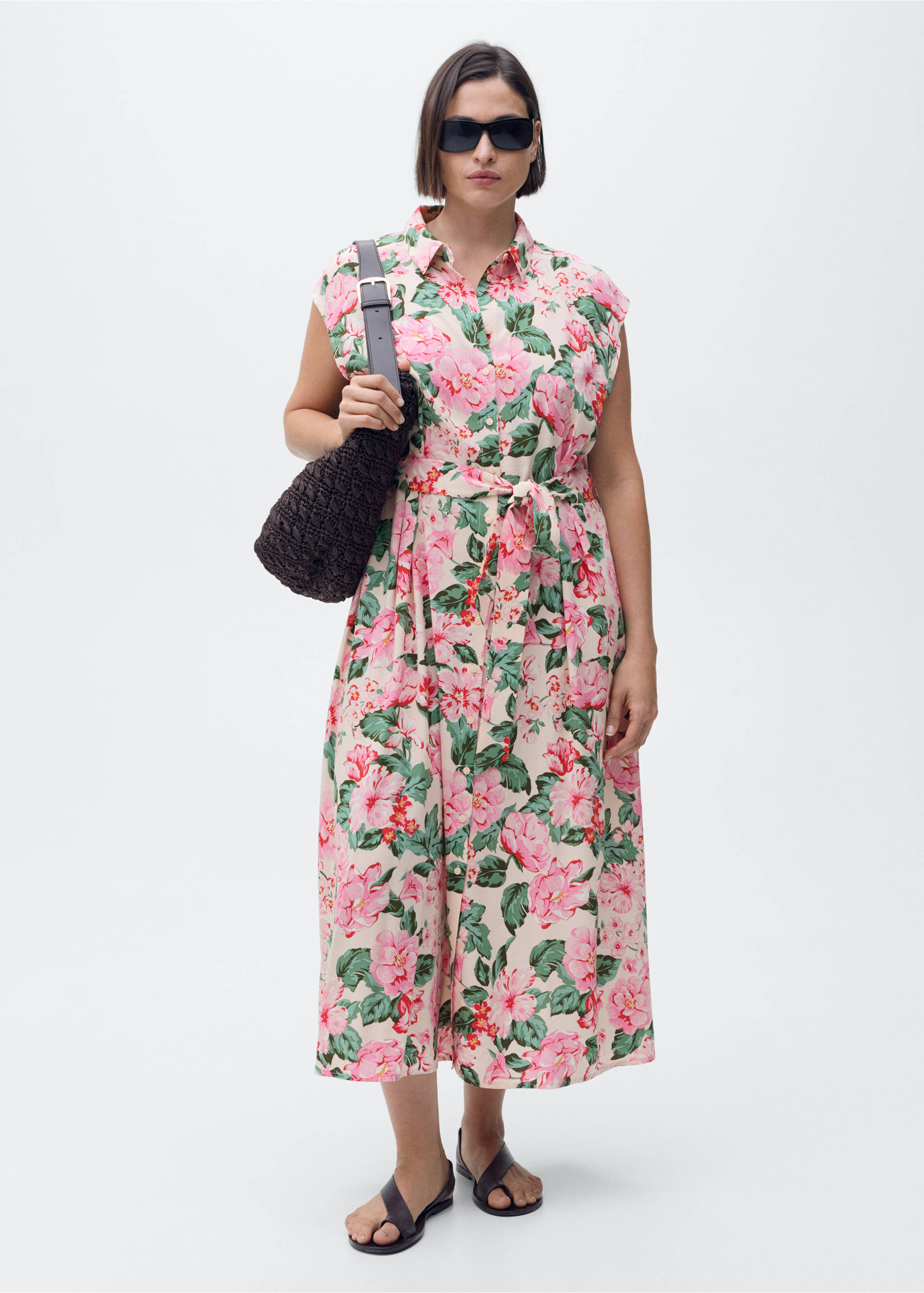 Printed shirt dress with belt - Details of the article 3, Ecru. Ref: 87029066-00.