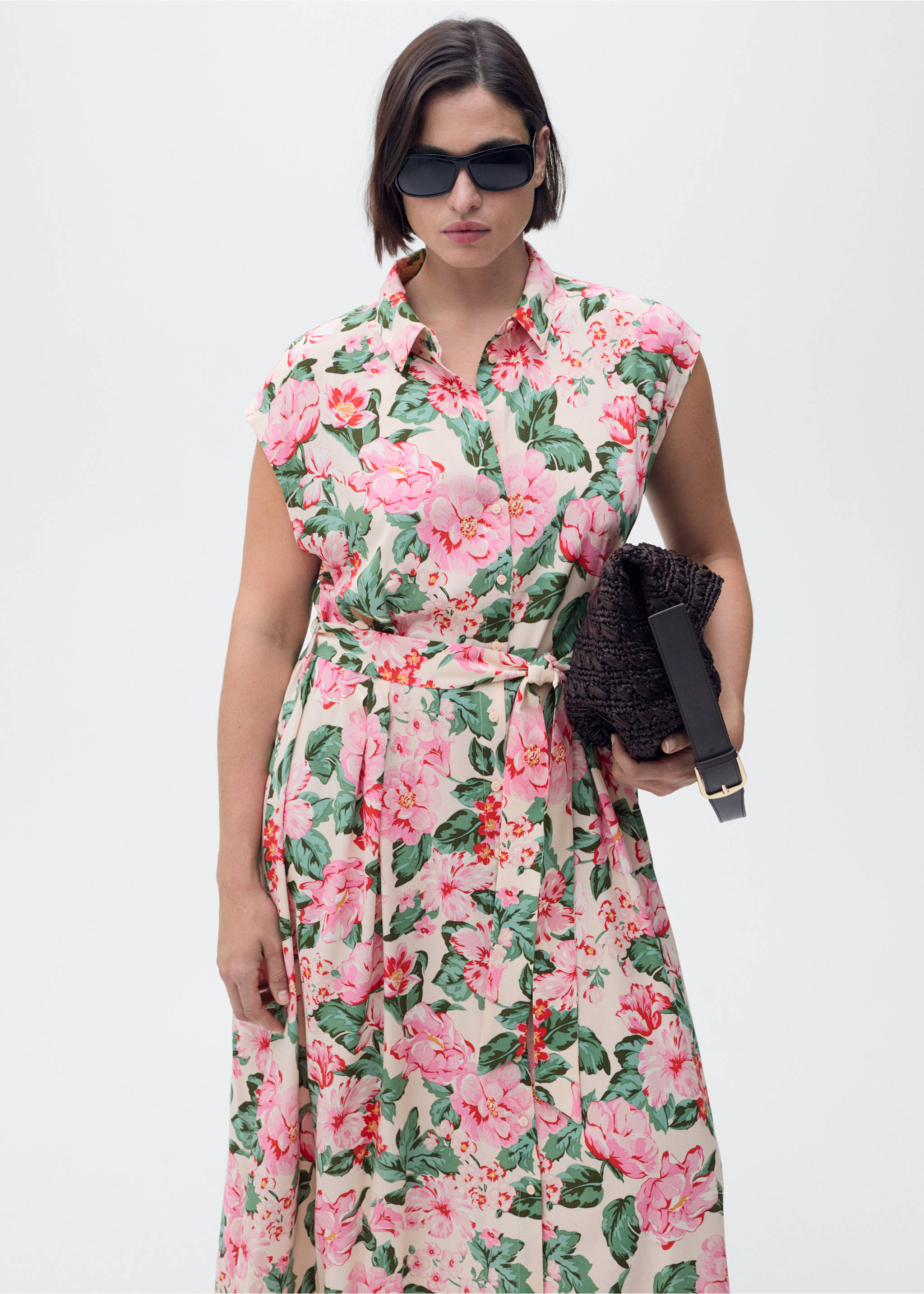 Printed shirt dress with belt - Details of the article 5, Ecru. Ref: 87029066-00.