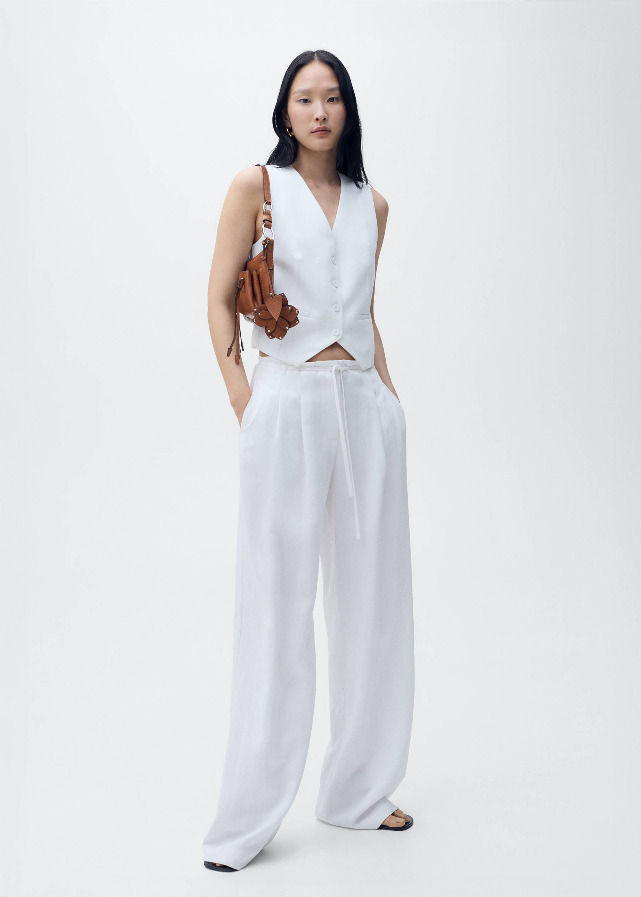 Pantalón traje lyocell cinturón lazo - Plano general, Blanco. Ref: 87029067-00.