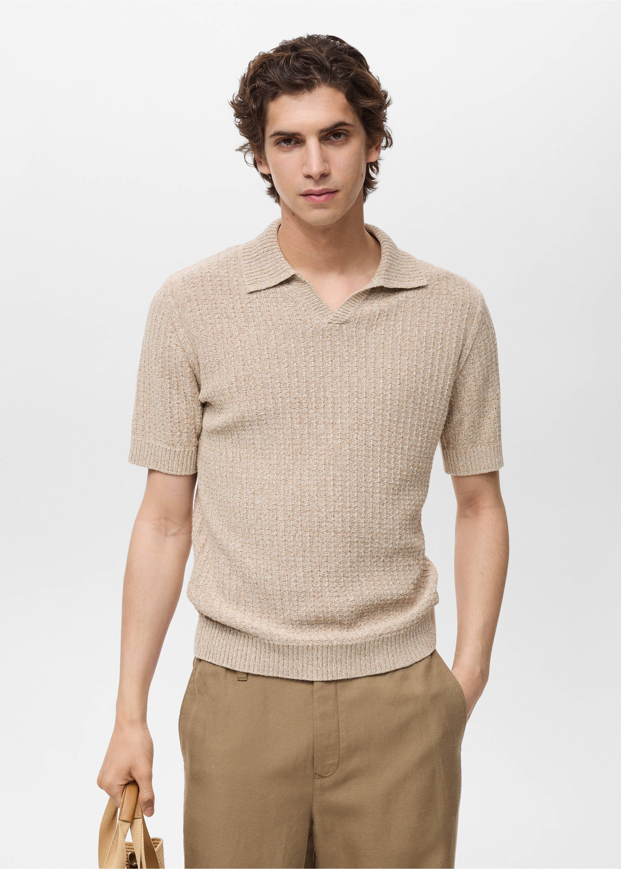 Polo coton maille structuré - Plan moyen, Beige. Ref: 87029213-00.