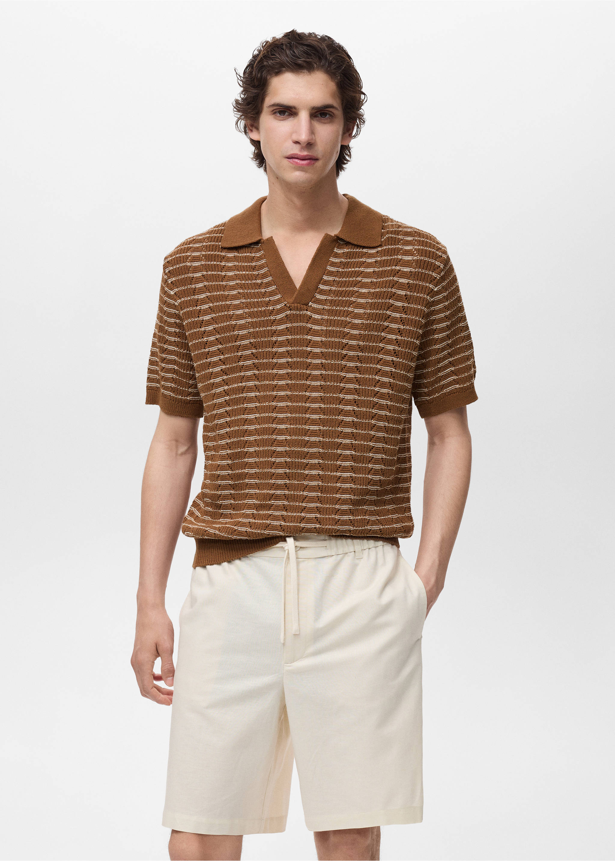 Ajour poloshirt met streepjesstructuur - Middenvlak, Tabaksbruin. Ref: 87029214-00.