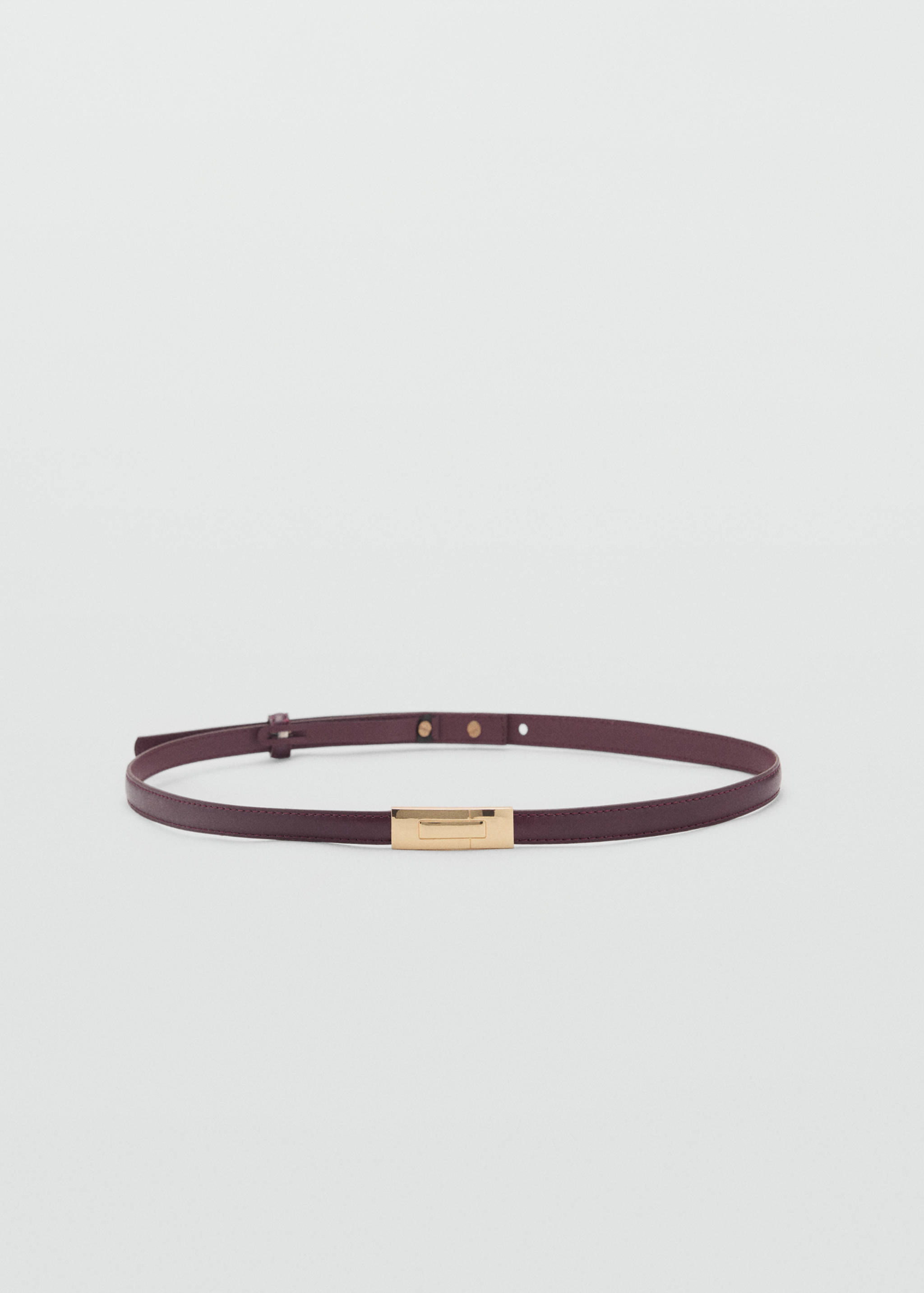 Slim burgundy belt with a rectangular gold-tone metallic clasp.