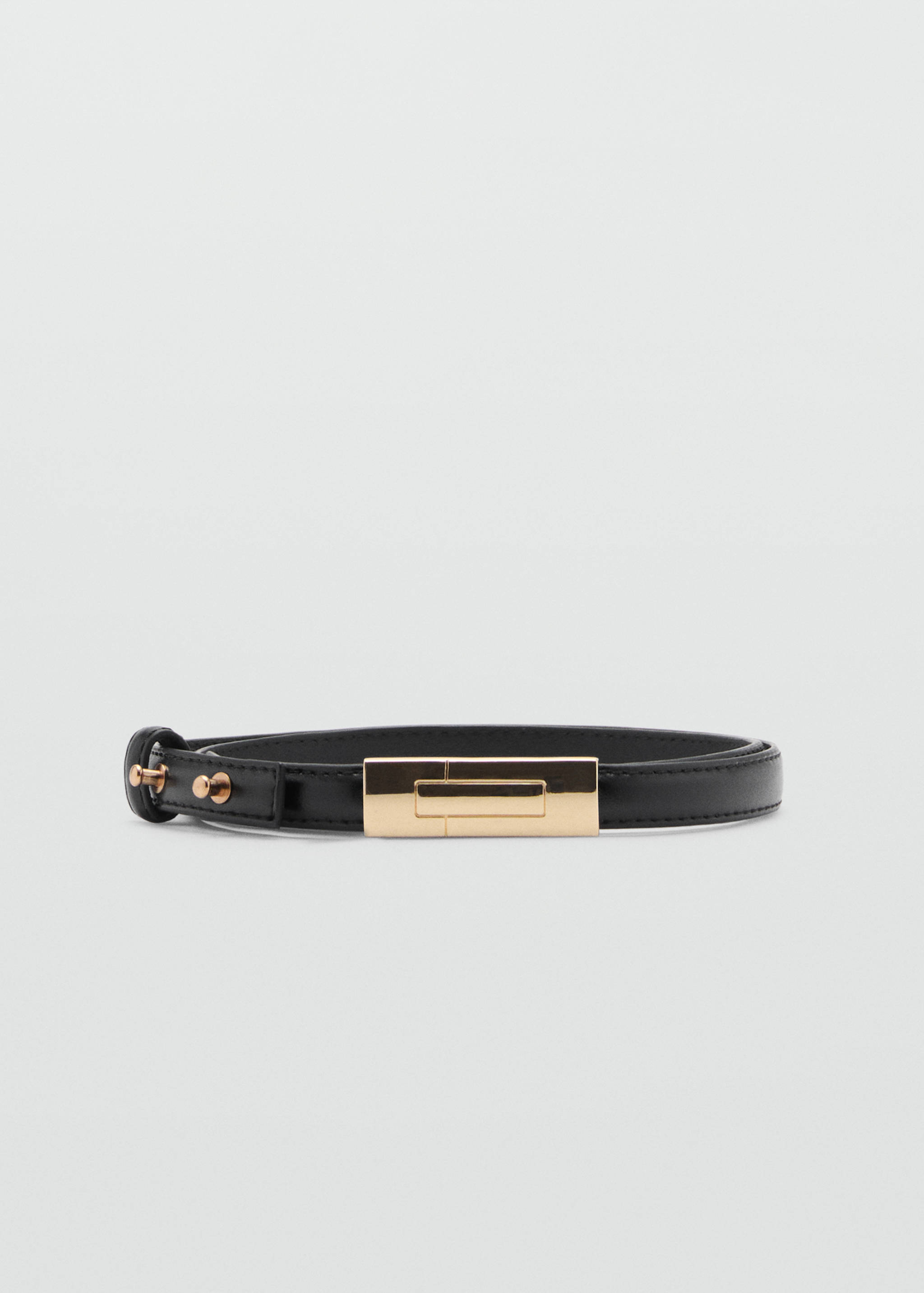 Slim black belt with a rectangular gold-tone buckle.