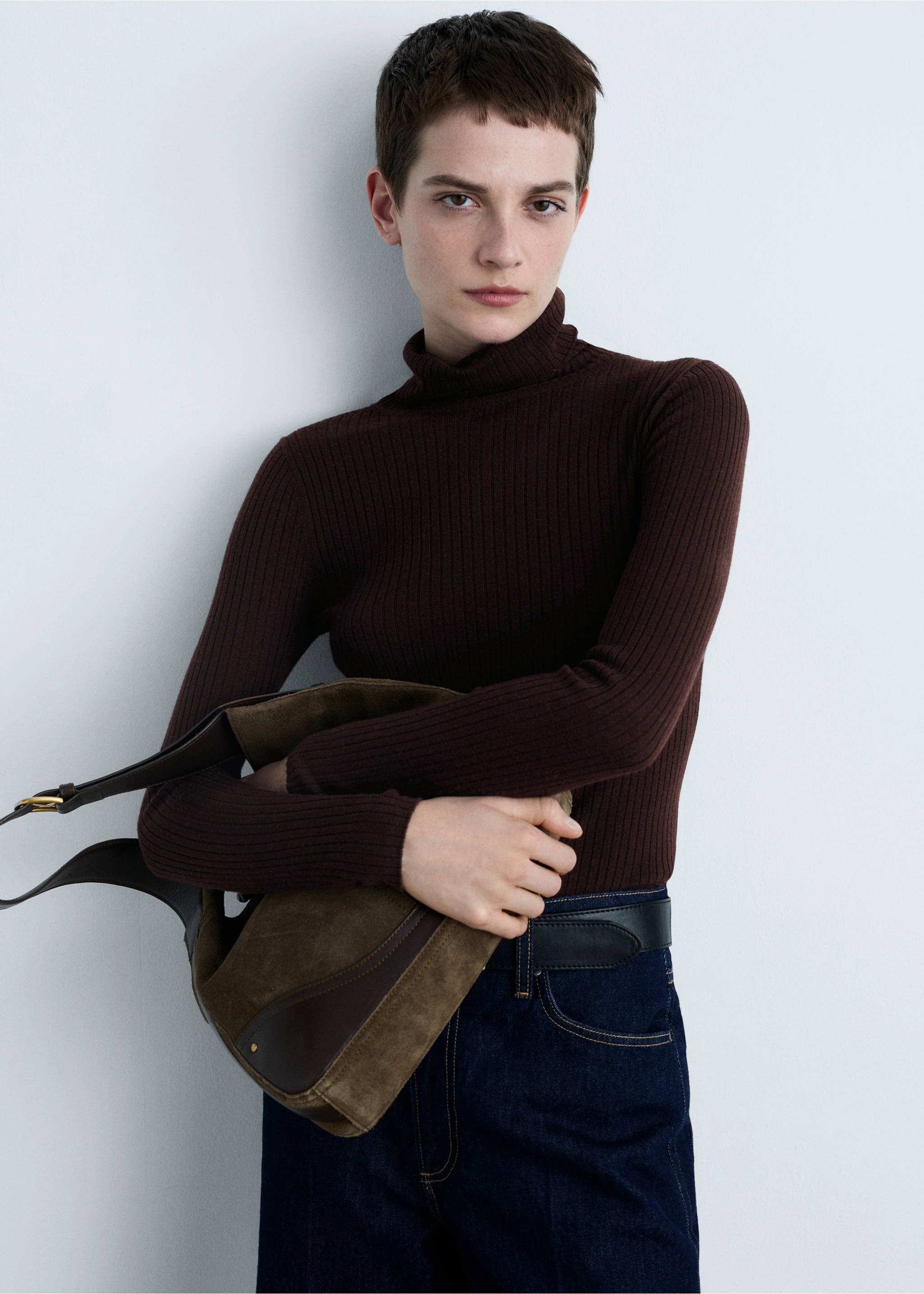 Wool blend turtleneck sweater - Medium plane, Chocolate. Ref: 87030441-00.