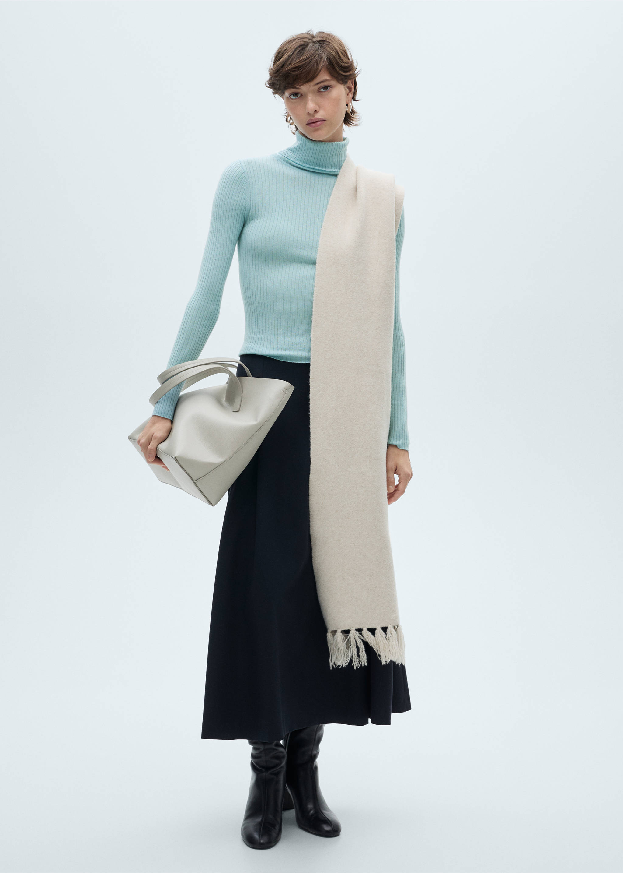 Pull-over laine mélangée col roulé - Plan général, Vert d´eau. Ref: 87030441-00.