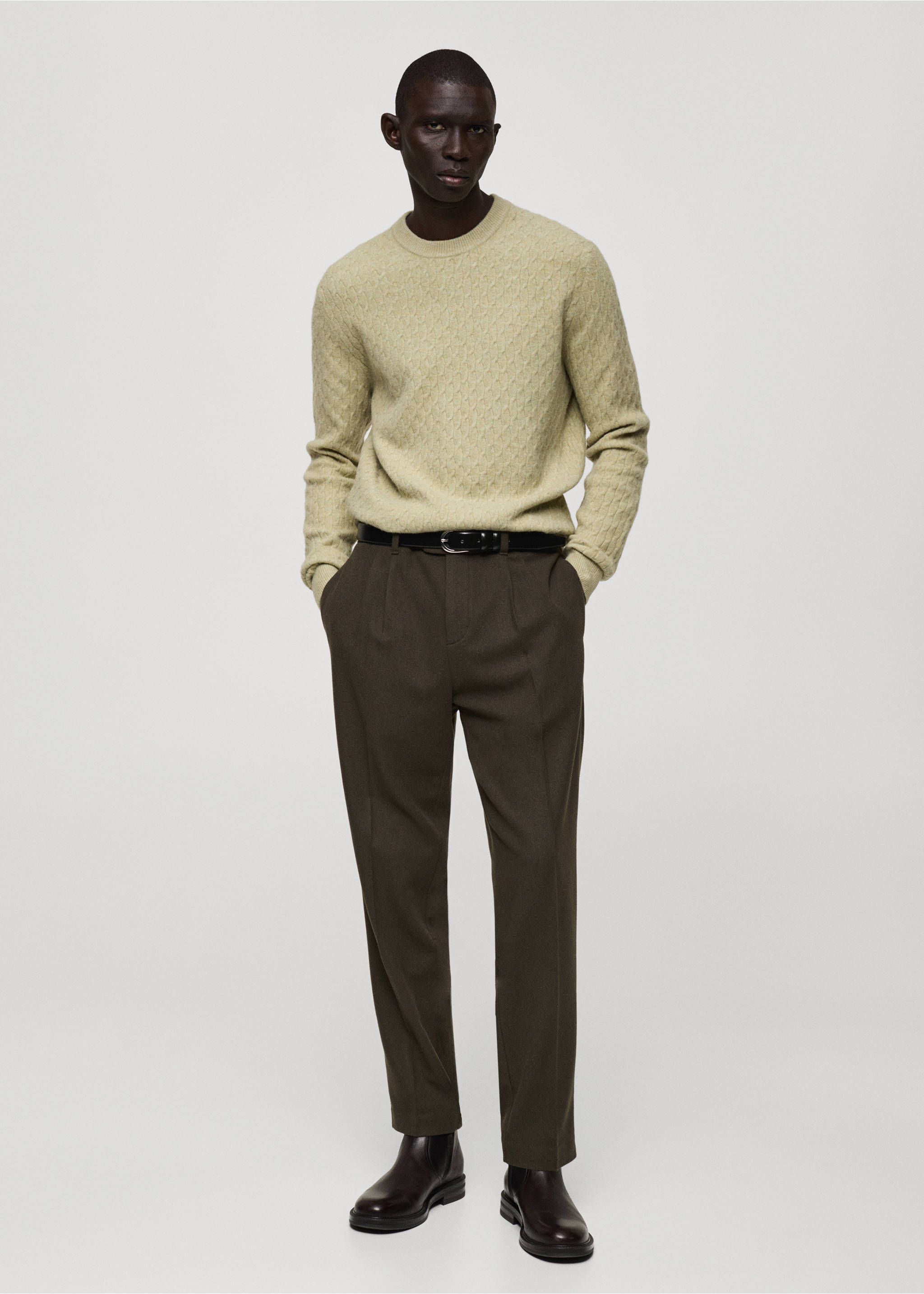 Wool flannel trousers with pleats - General plane, Khaki. Ref: 87030577-00.