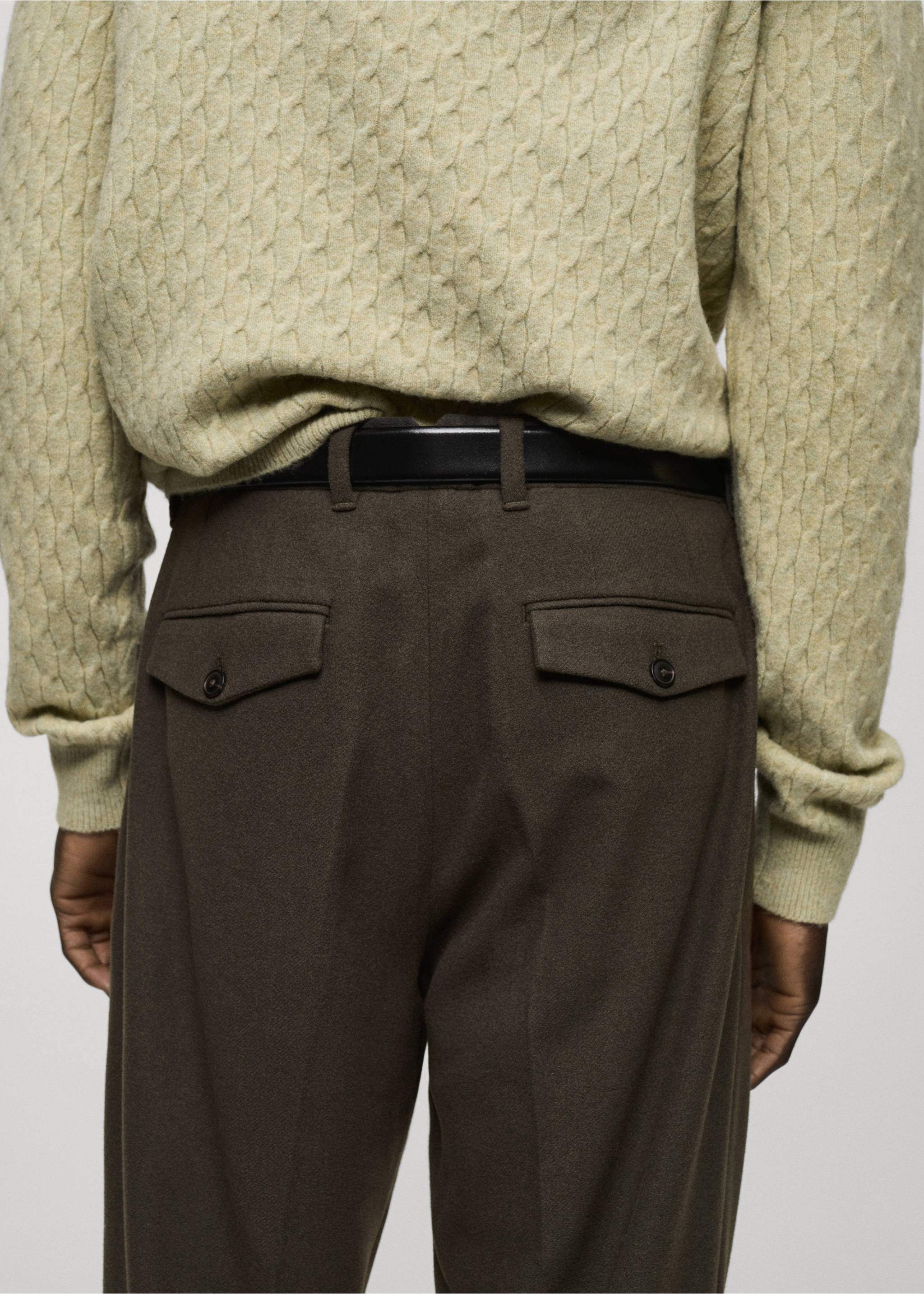 Wool flannel trousers with pleats - Details of the article 3, Khaki. Ref: 87030577-00.