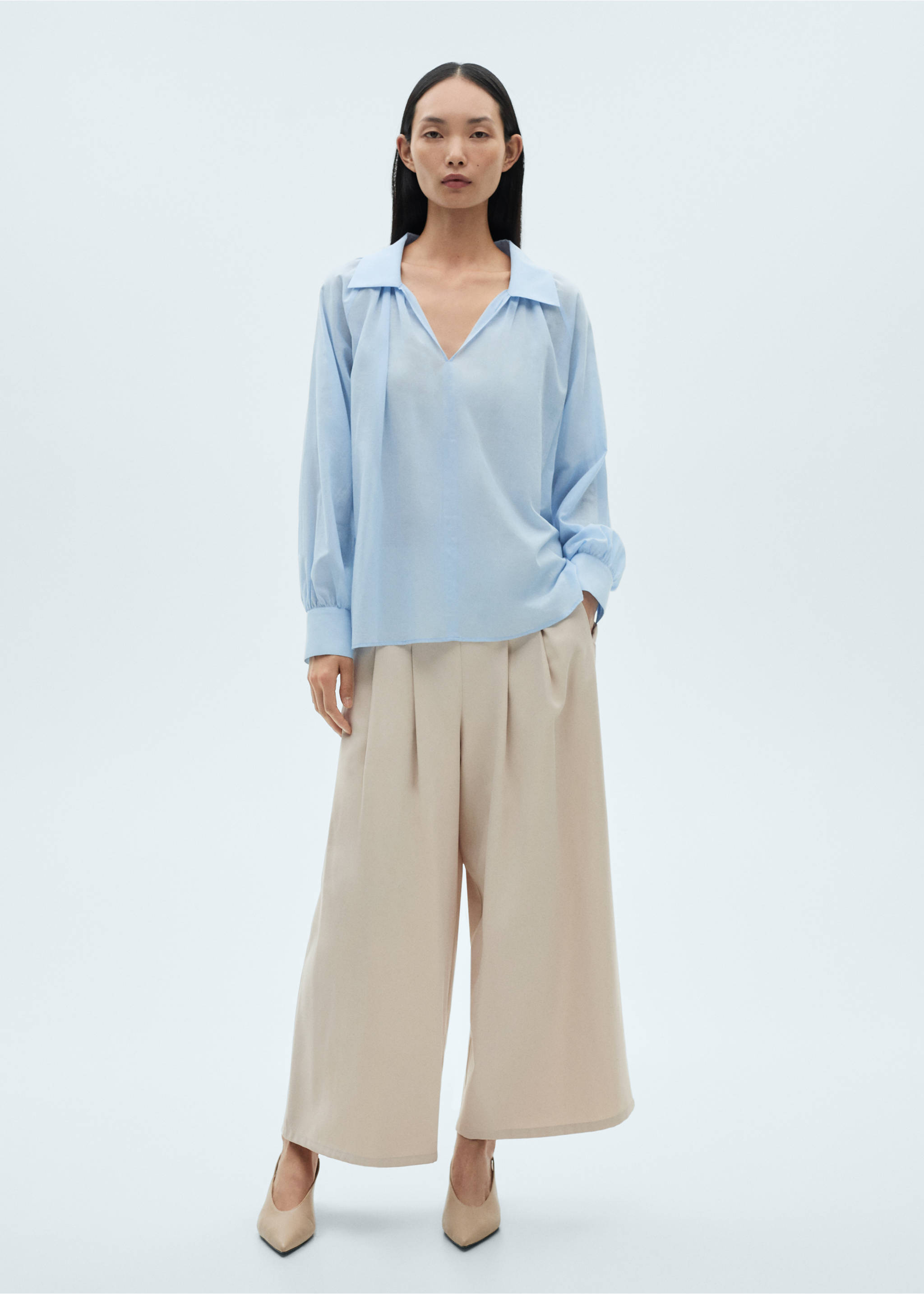 Puffed sleeves cotton blouse - General plane, Blue. Ref: 87030585-00.