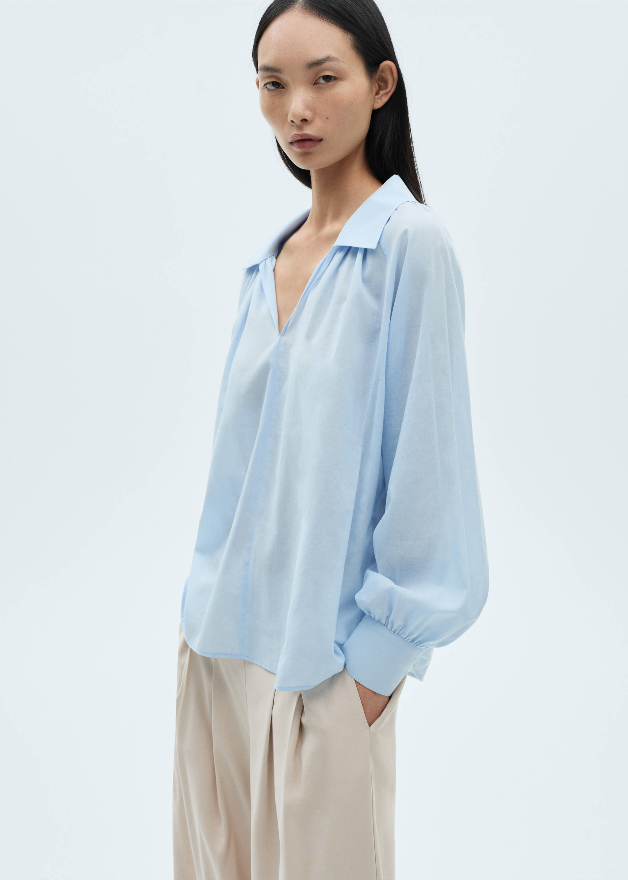 Puffed sleeves cotton blouse - Medium plane, Blue. Ref: 87030585-00.