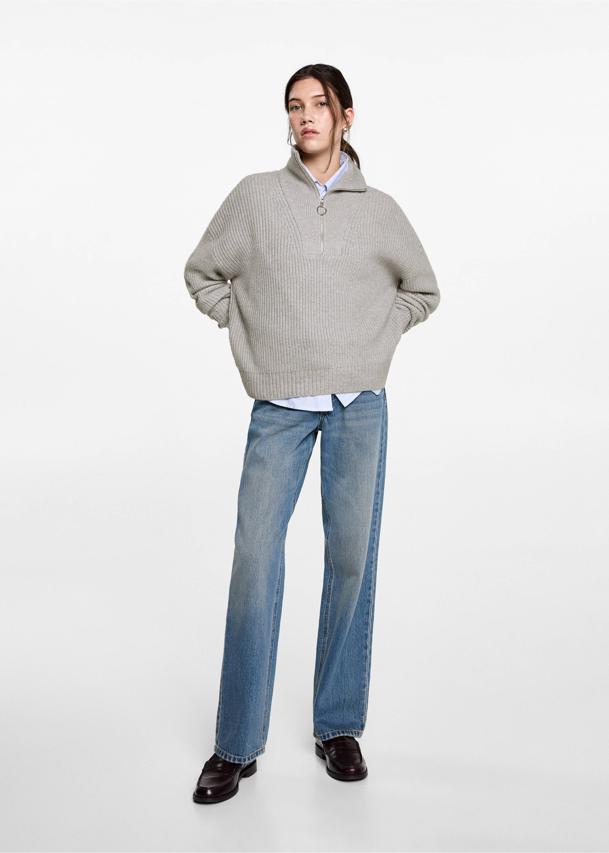 Button-neck lace blouse - General plane, Grey. Ref: 87030593-00.