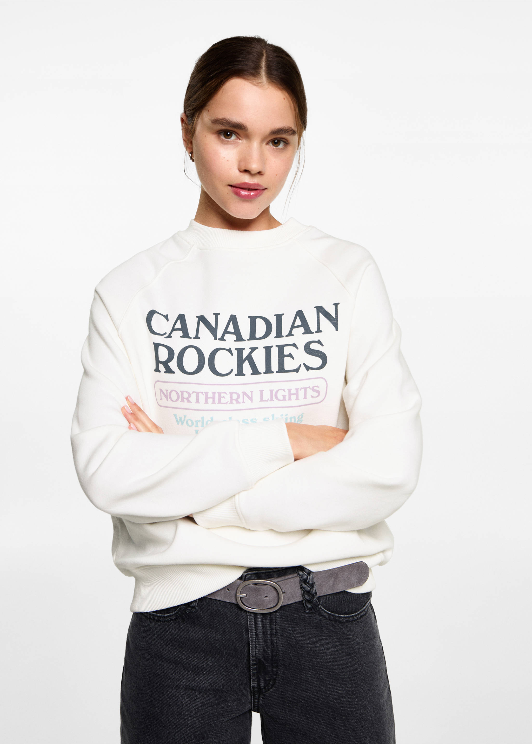 Gemustertes Sweatshirt mit Aufschrift - Mittlere Ansicht, Cremeweiß. Ref: 87030594-00.