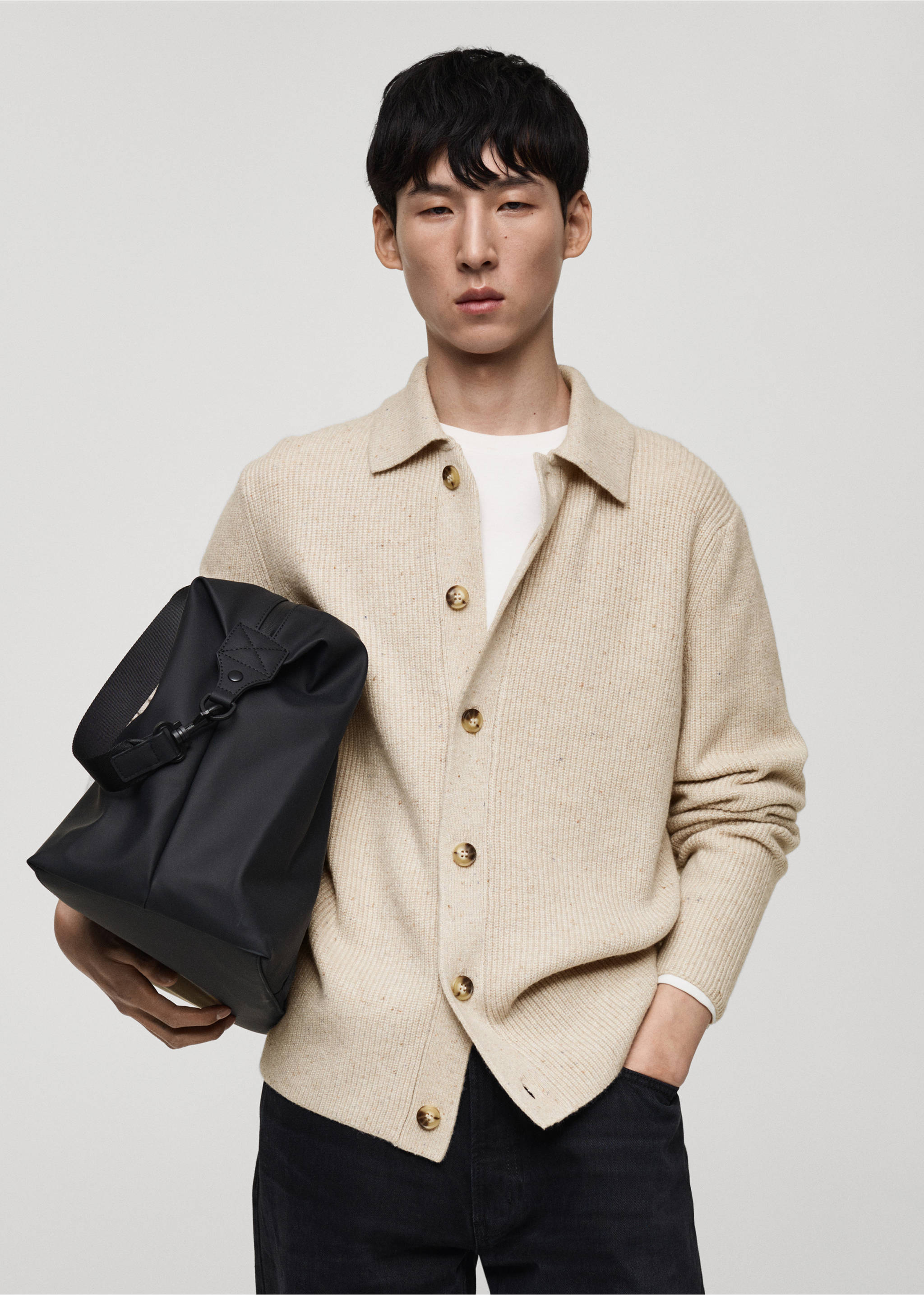 Ribbed knit cardigan - Medium plane, Light/Pastel Grey. Ref: 87030602-00.