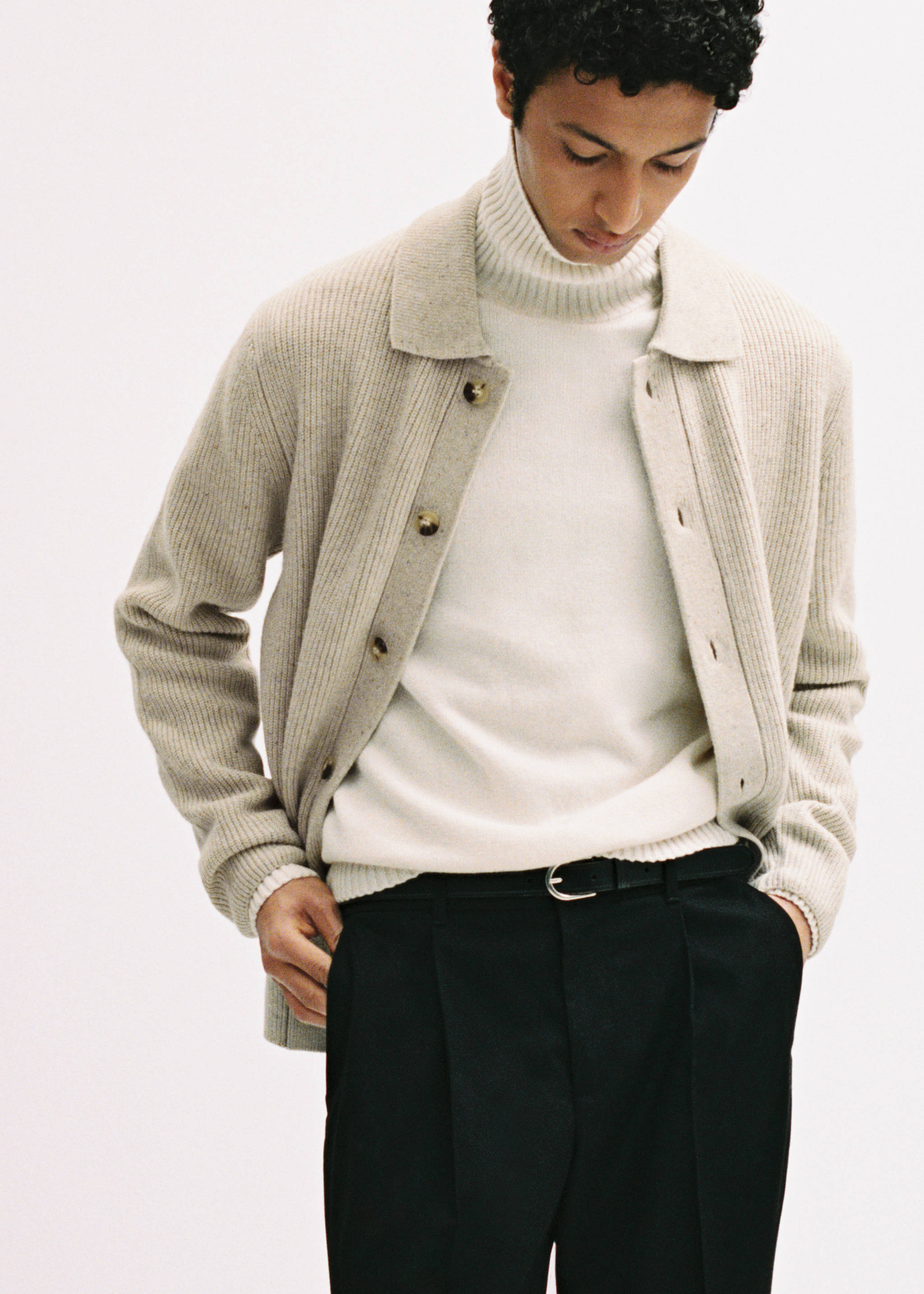 Ribbed knit cardigan - Details of the article 3, Light/Pastel Grey. Ref: 87030602-00.