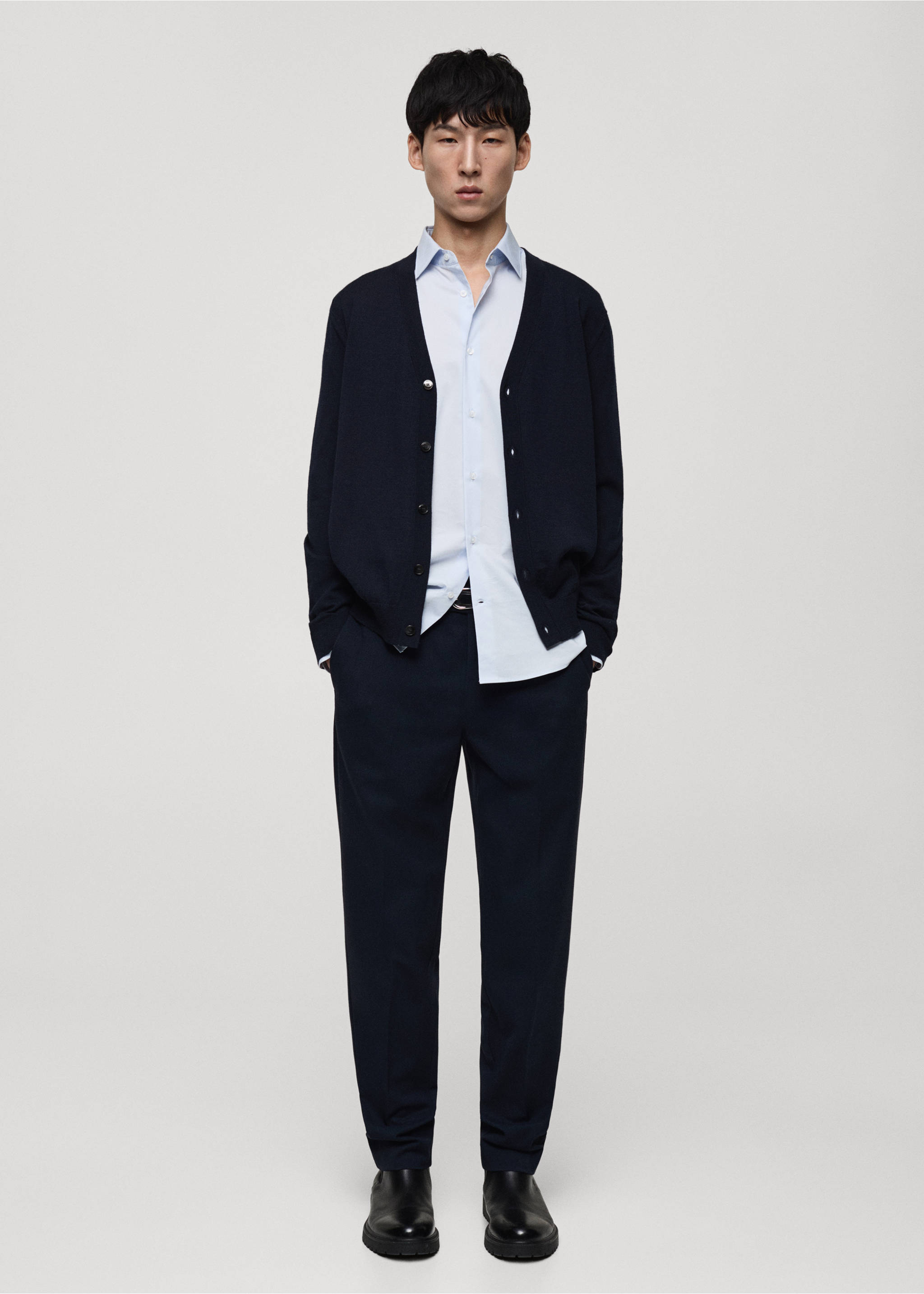 Cárdigan 100% lana merino - Plano general, Azul marino oscuro. Ref: 87030603-00.